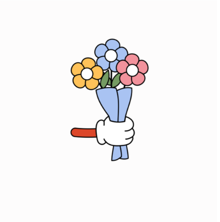 A cartoon white gloved hand holding a bouquet of colorful flowers in a blue wrapper.