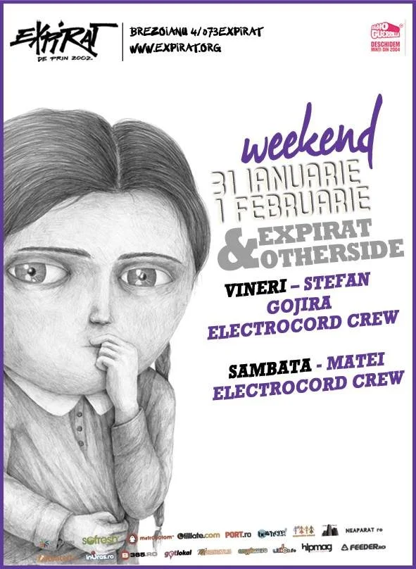 A stylized black-and-white sketch of a person with speech bubble, holding a finger to their lips, on a poster promoting events on the weekend of January 31st to February 1st in Romania.