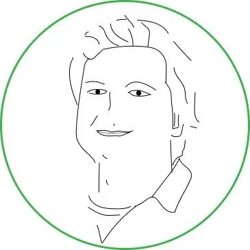 Line drawing of a smiling person's face inside a circle.