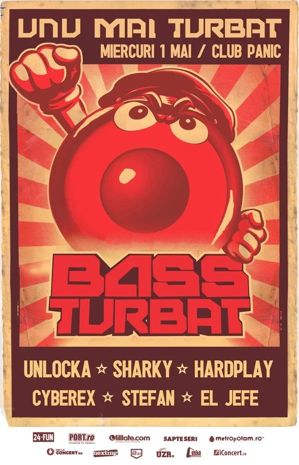 A vintage-style poster featuring a cartoonish red character with an angry expression, fists raised, and wearing a beret. The poster announces a music event titled "Bass Turbat" on May 1st at Club Panic, with featured artists listed at the bottom.