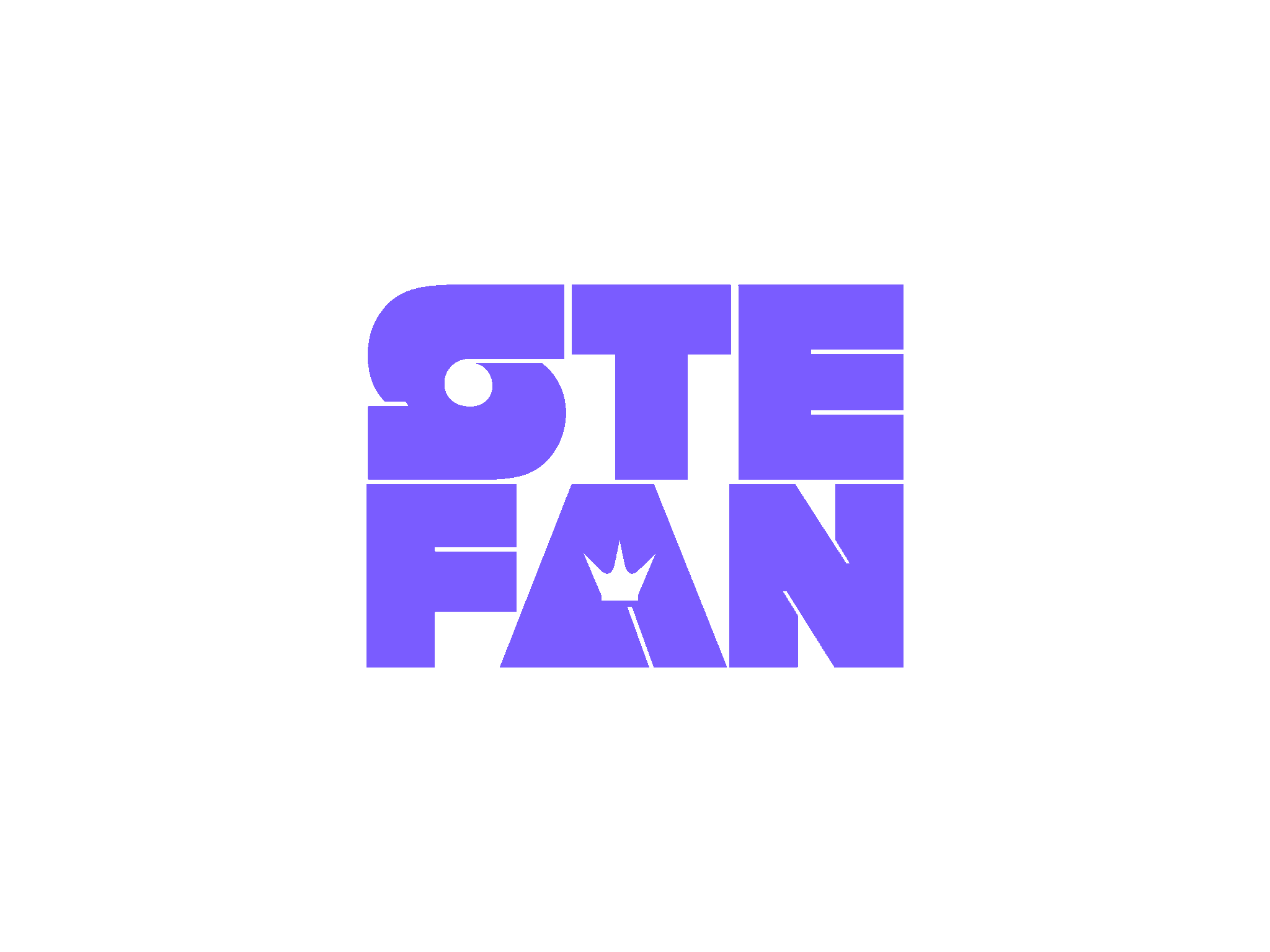 The text 'Stefan' in large, purple, block letters with a small crown in the 'A', set against a black background.