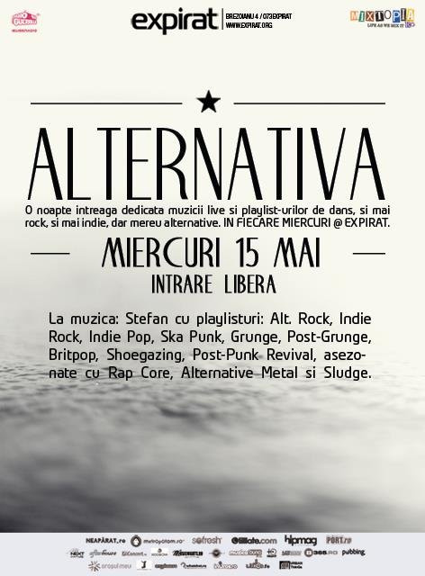 Flyer for the music event Alternativa on May 15, with details about music genres and participating artists, featuring a black and white background.