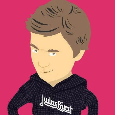 Digital cartoon illustration of a young man with brown hair, wearing a black hoodie with a white logo, against a pink background.