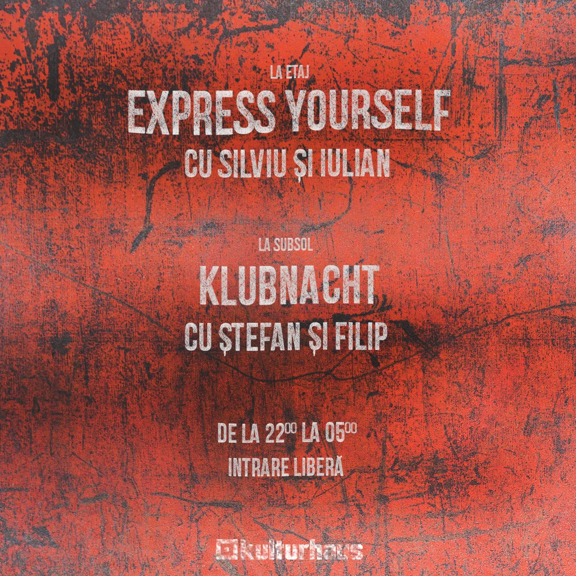 Poster with a red and black textured background advertising a music event featuring Silviu Si Julian and Stefan Si Filip, taking place from 10 PM to 5 AM with free entry.