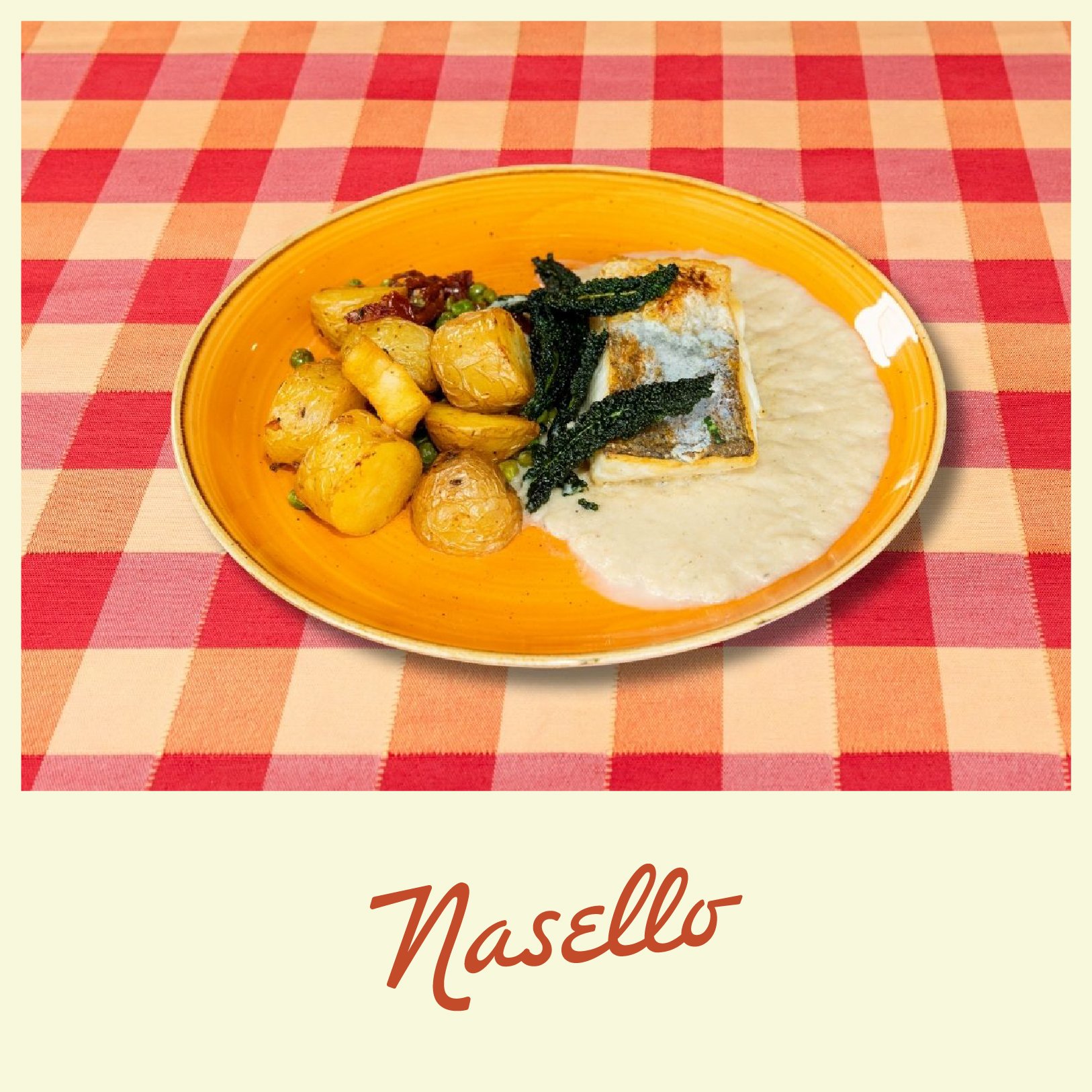 Plate with grilled fish, roasted sweet potatoes with red chili slices, mashed potatoes topped with cherry tomatoes and spinach, and a small pitcher of yellow sauce, on a red and orange checkered tablecloth.