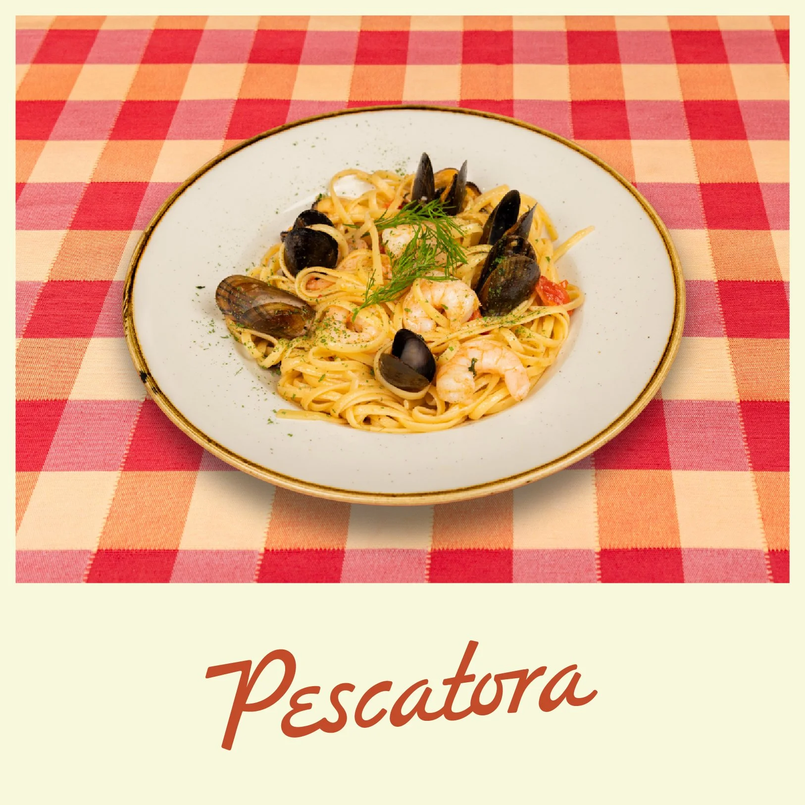 Plate of seafood pasta with shrimp, mussels, and garnished with herbs on a checkered tablecloth.