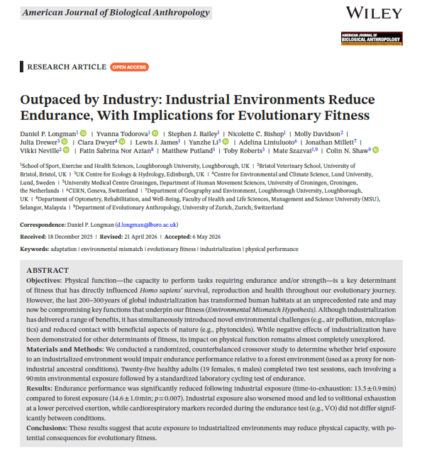 New paper: exposure to industrialised environments reduces subsequent endurance performance in the lab