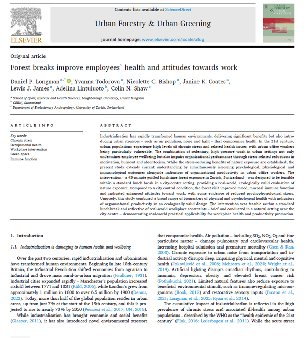 New paper: a 45-minute forest break can boost employee wellbeing and workplace motivation