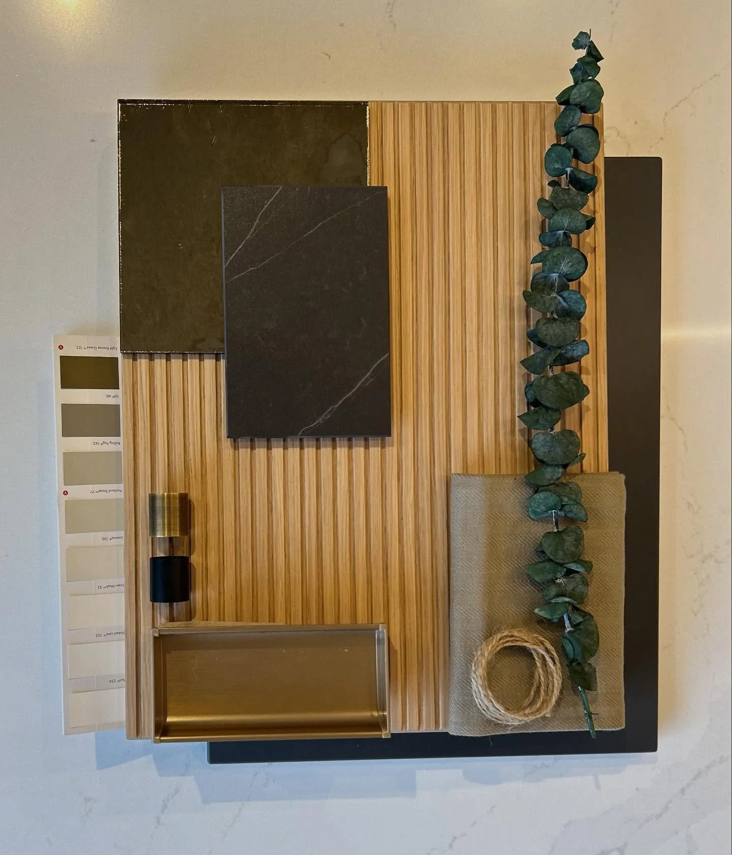 Materials board using our in-house samples&hellip;

Elegant grooved oak doors meets premium dekton worktop - complemented by brass details and paired with earthy tones to create a calming, contemporary feel 🪵✨ 

Visit our new showroom in Ilkley from