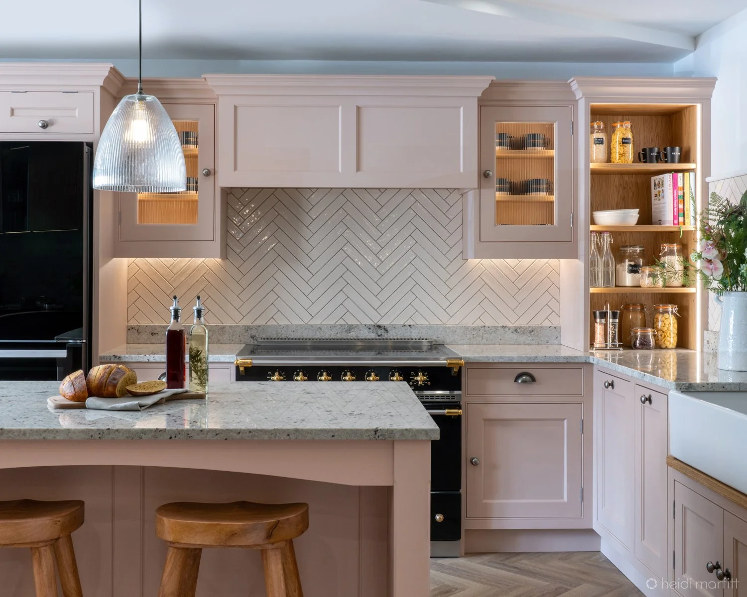 Our hand-made kitchen here in our showroom, painted in F&B Templeton Pink