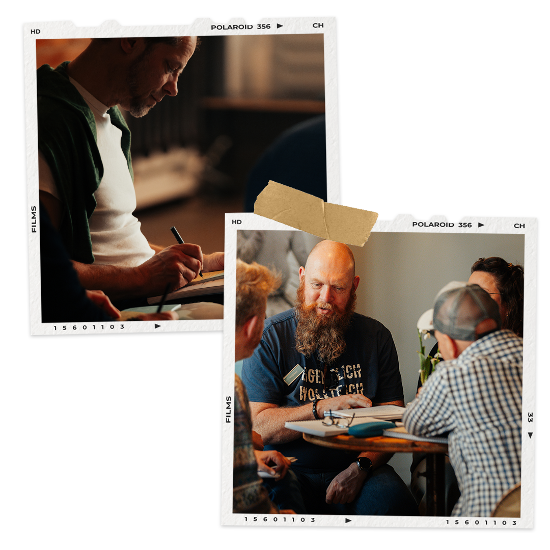 Zwei Fotofilter mit Fotos von Menschen, einer beim Schreiben und einer bei einer Diskussion in einem Café.
