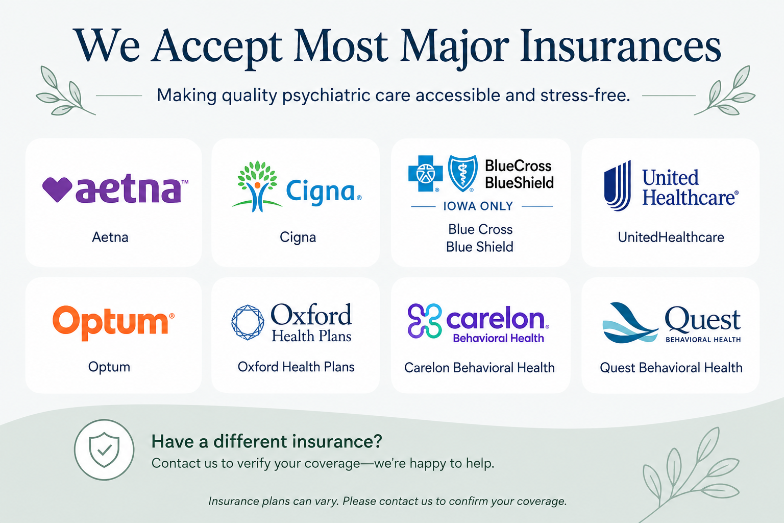 A graphic showing logos of major health insurance providers, including Aetna, Cigna, Blue Cross Blue Shield, UnitedHealthcare, Optum, Oxford Health Plans, Carelon Behavioral Health, and Quest Behavioral Health, with a message indicating they accept most major insurances for psychiatric care.
