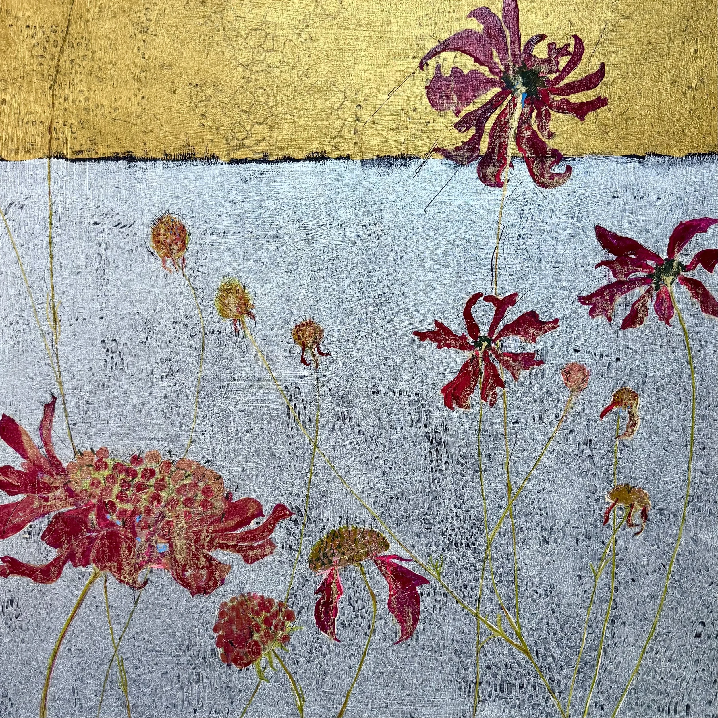 ‘Lingering Summer’
Scabiosa Gold Horizon Series
76cm x 76cm
Acrylic on cradled panel
Dark Grey Float Frame
£750