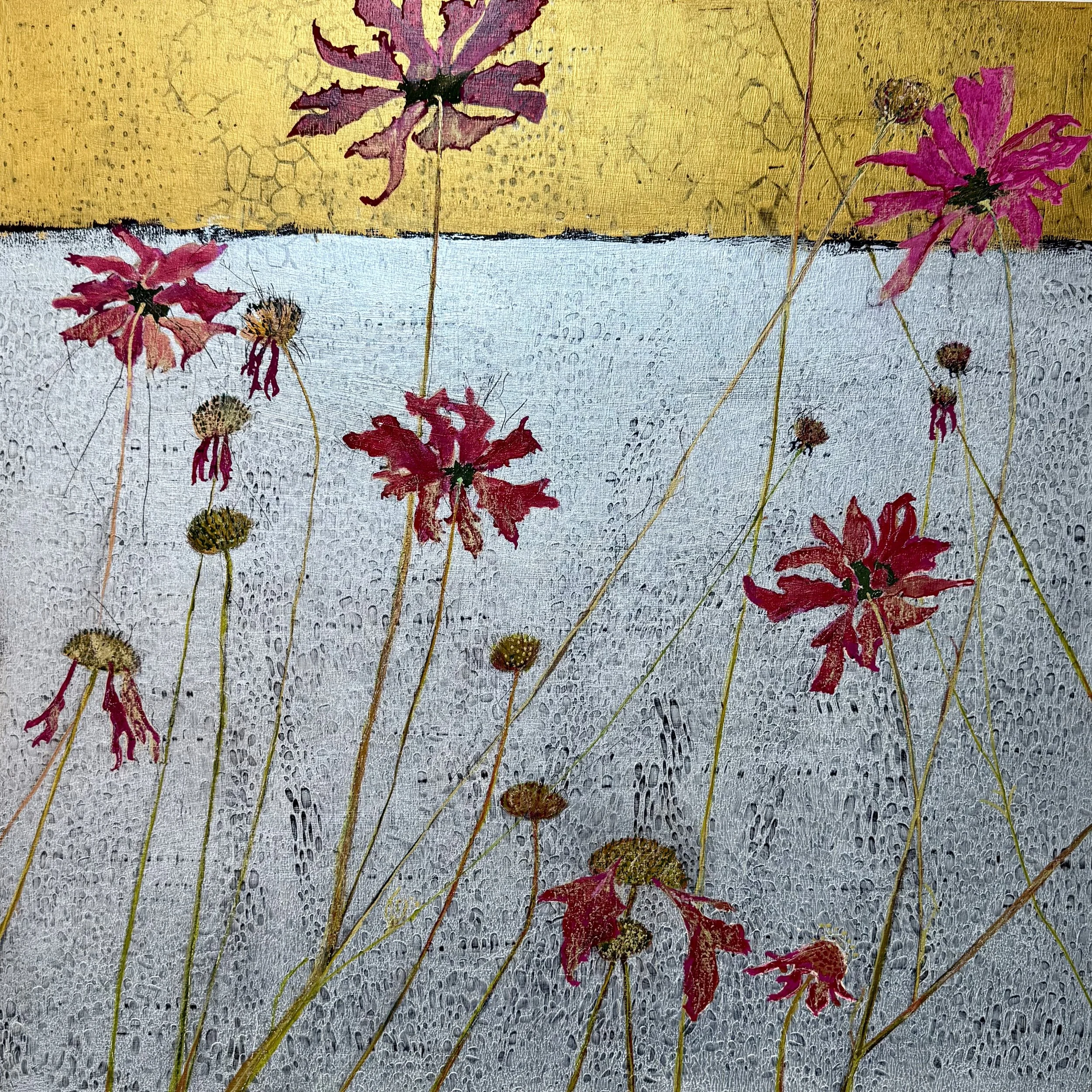 ‘Out of Reach’
Scabiosa Gold Horizon Series
76cm x 76cm
Acrylic on cradled panel
Dark Grey Float Frame
£750