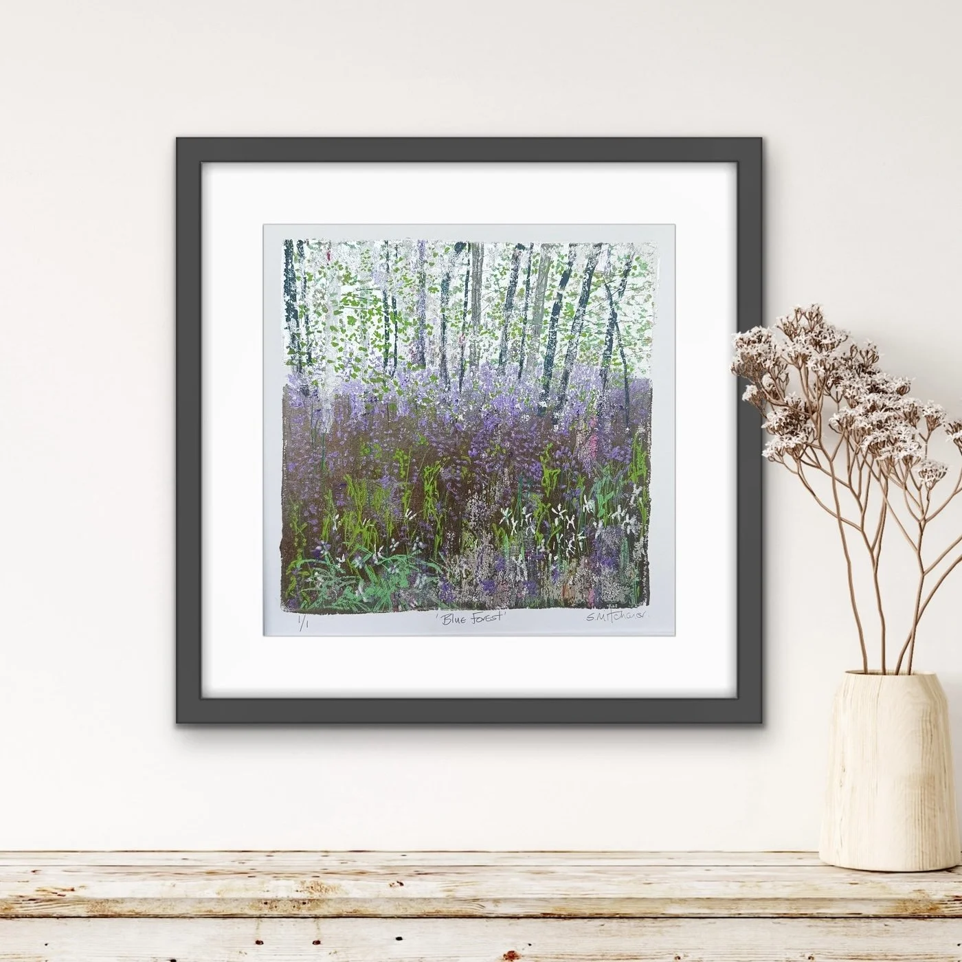 ‘Blue Forest’
Monotype - Acrylic
50cm x 50cm
Dark Grey textured wood frame
£450