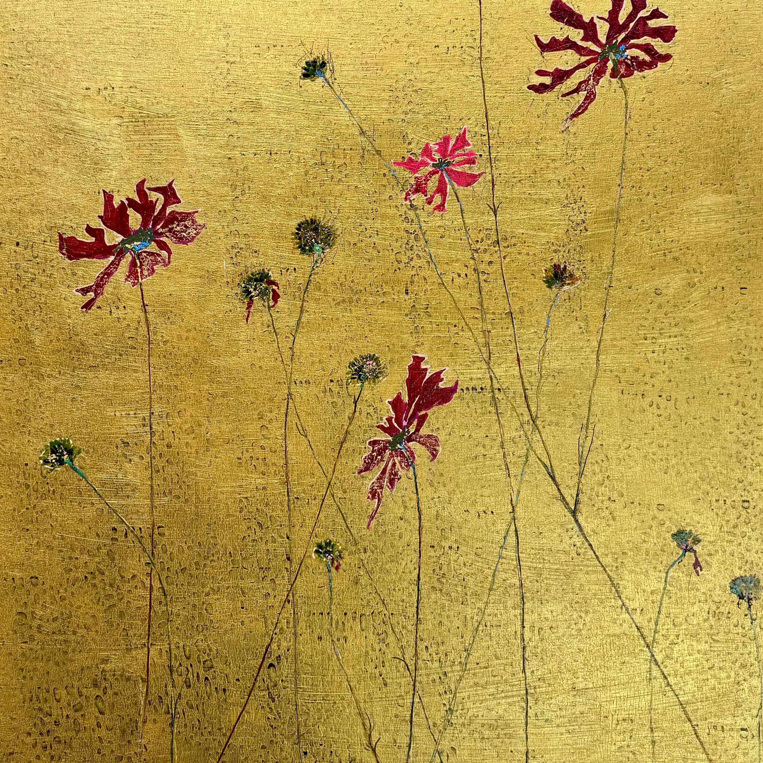‘Gilded Petals’
Scabiosa Series no 2
76cm x 76cm
Acrylic on cradled panel
dark grey float frame
£750