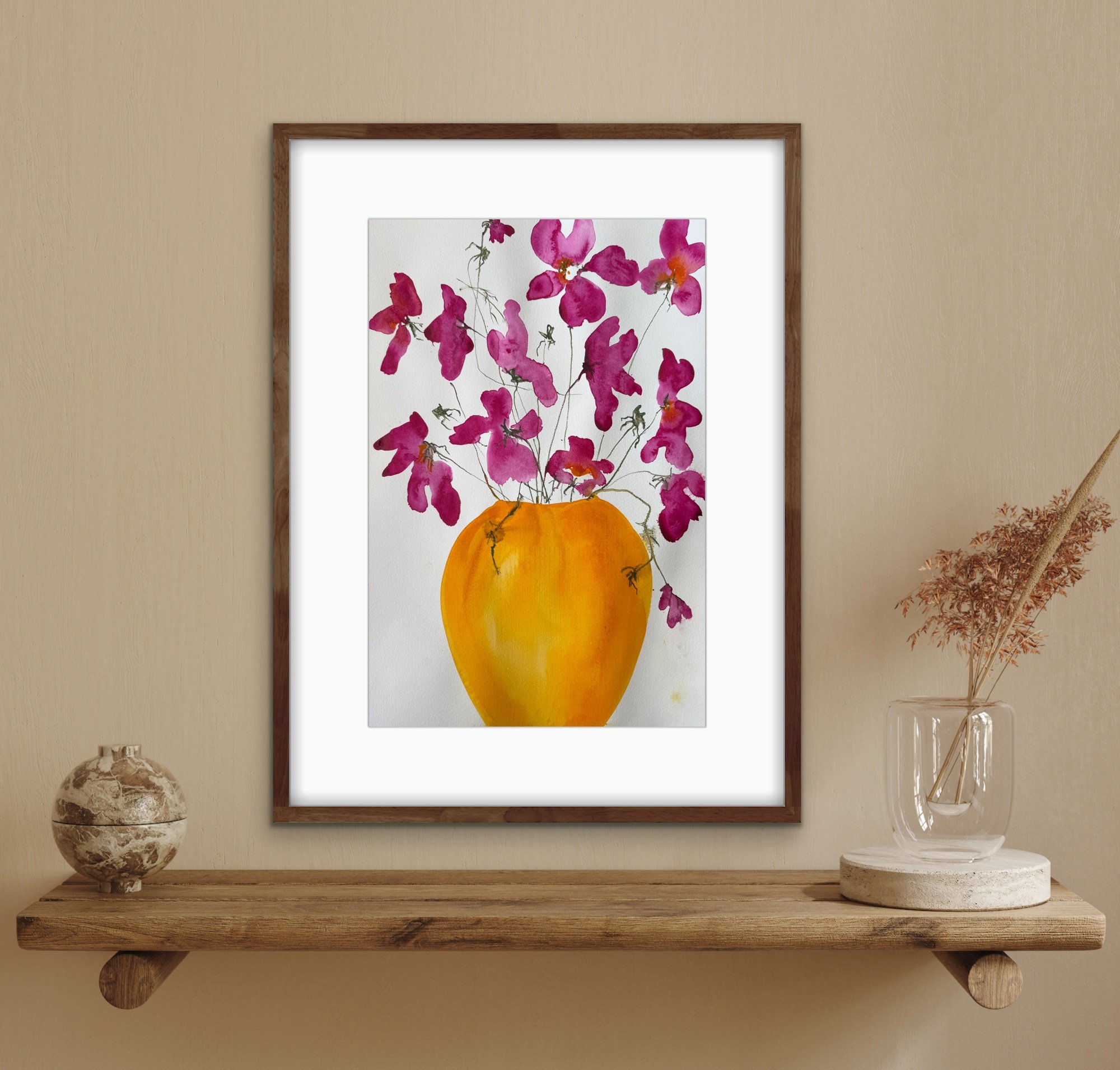 Pink Flowers in an Indian Yellow Bowl
Watercolour Unframed
40cm x 50cm
£170
Available at ‘No Hard Shoulder’ at The Regency Town House   SOLD