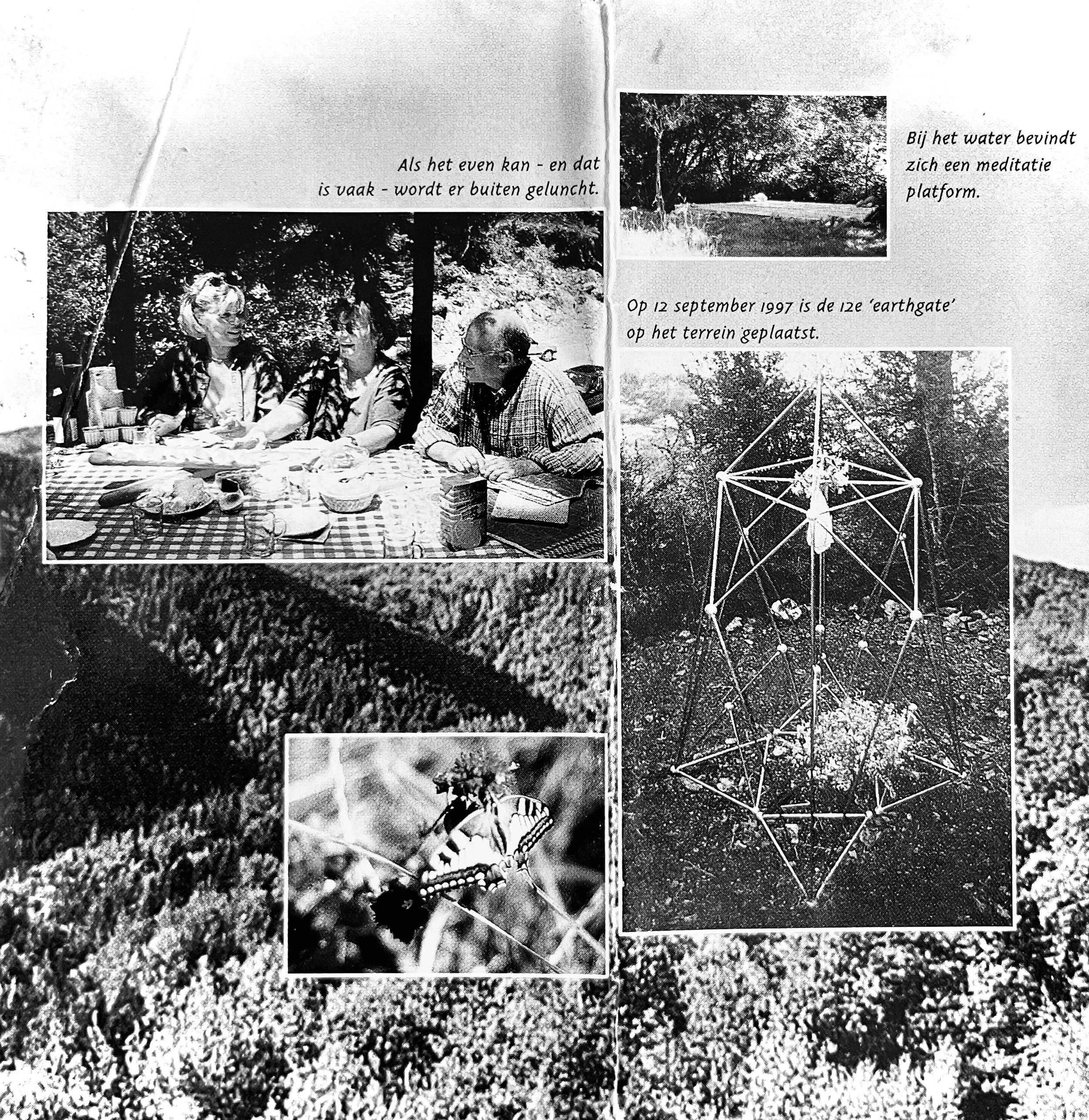 Black and white collage with a group of three people sitting at a picnic table, a photo of a water platform meditation, an image of an earthgate structure, and a close-up of a butterfly on a plant, with Dutch text and a date of September 12, 1997.