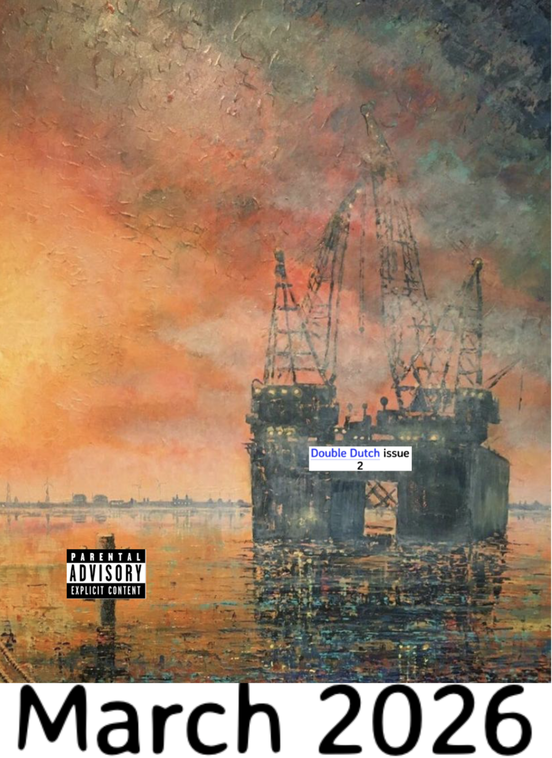 Painting of an oil platform in a body of water during sunset with an orange and pink sky, featuring a black and white parental advisory label, and text overlayed that reads 'Double Dutch issue 2' and 'March 2026'.