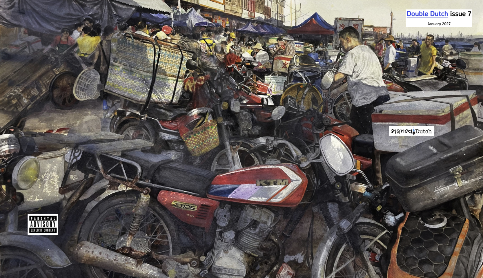 A crowded marketplace with motorcycles parked closely together, people walking, and stalls covered with tarps and umbrellas along the street.