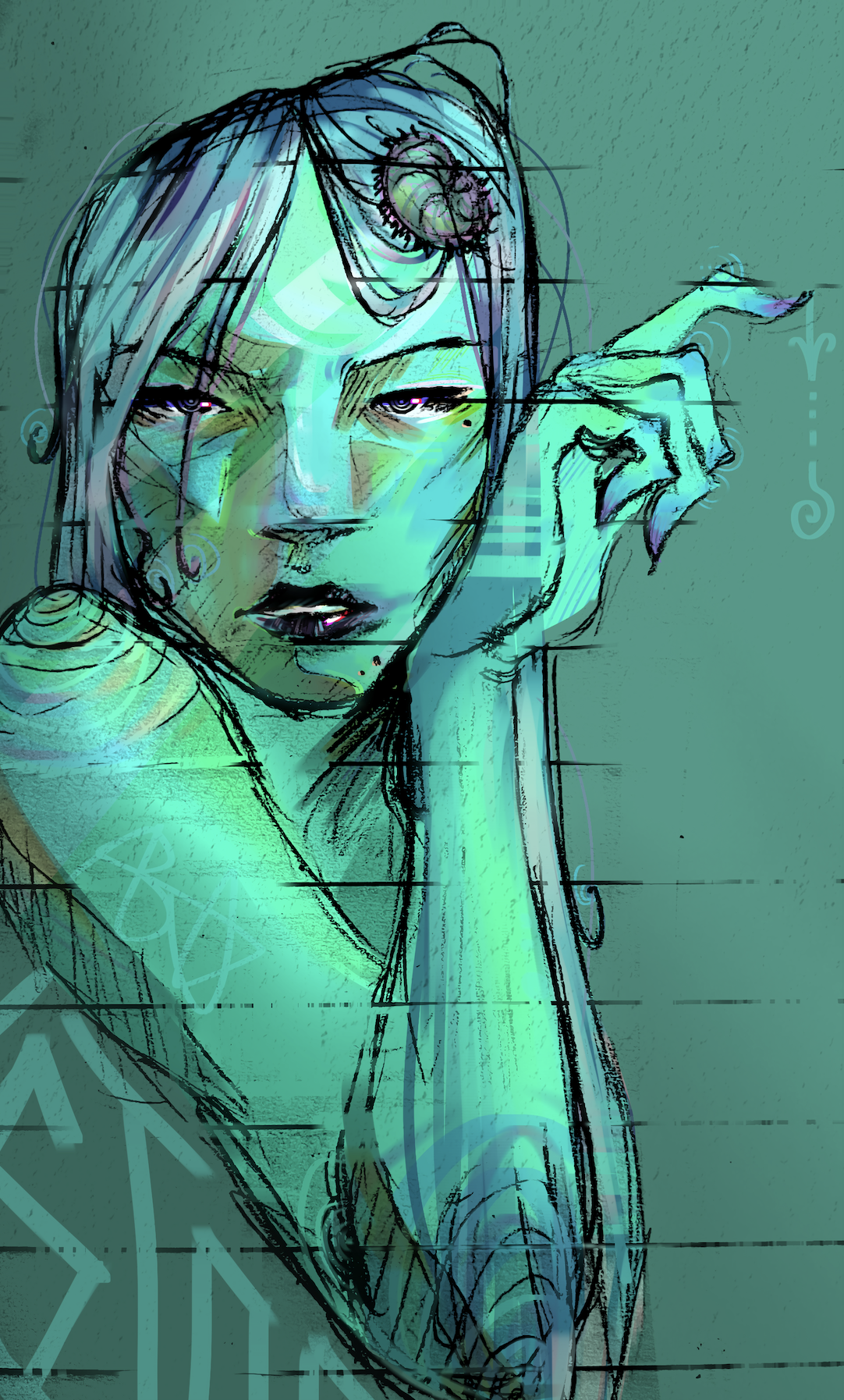 Digital art of a woman with long hair, tattoos, and expressive makeup, holding her hand up near her face, illustrated with a neon color palette and sketchy style.