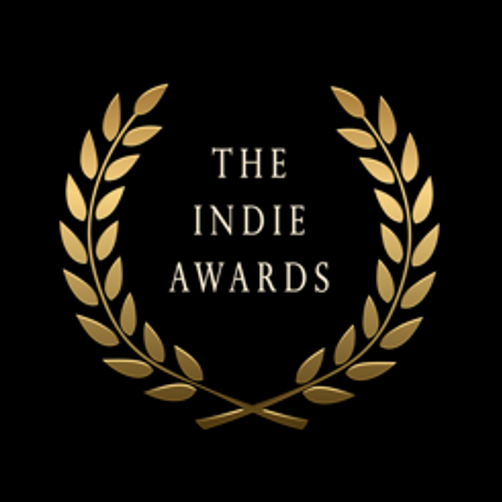 Logo for The Indie Awards with a gold laurel wreath on a black background.