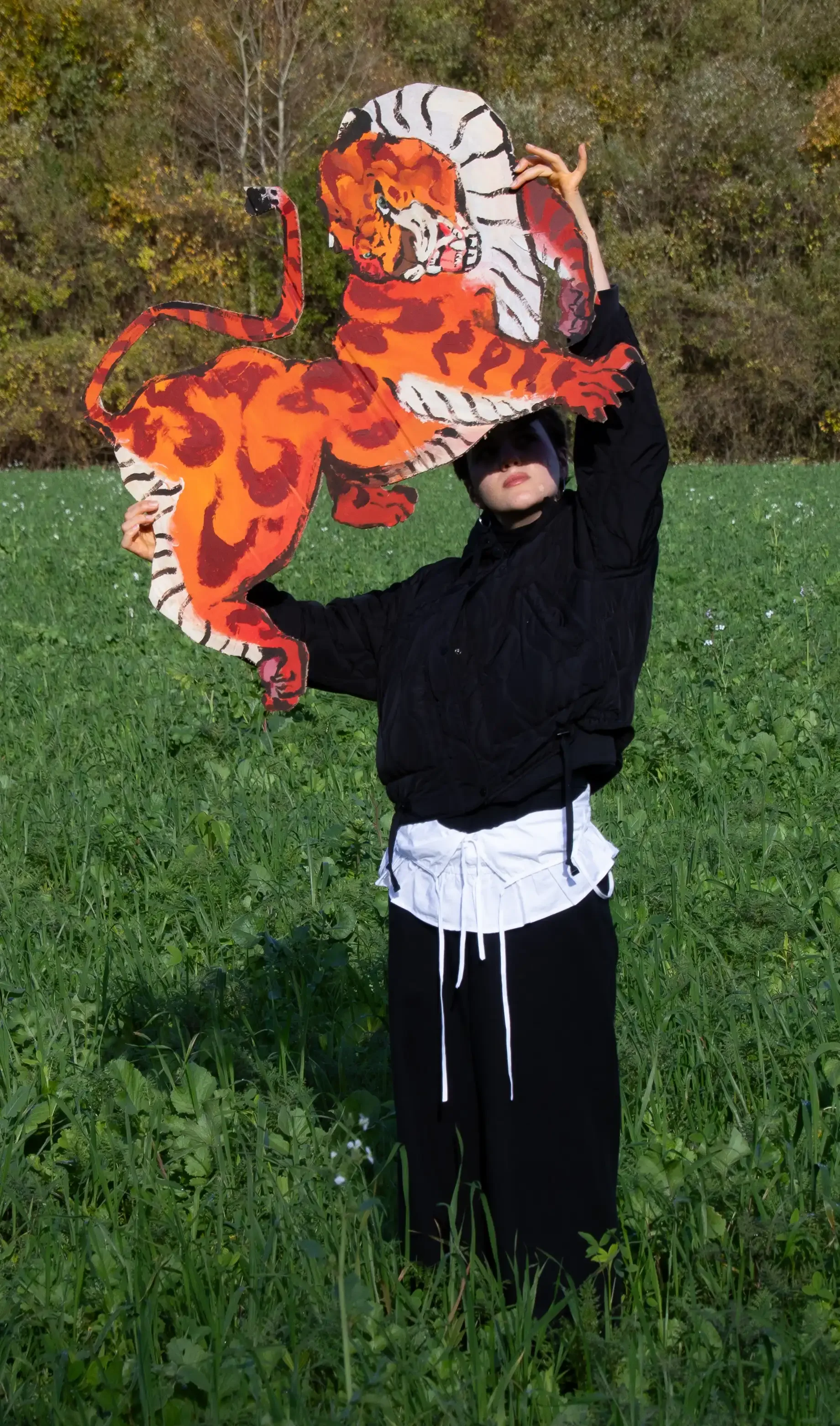 Person hält ein handgemaltes, großes Tiger- und Zebra-Pappaufsteller im Freien, umgeben von grünem Gras und Bäumen im Hintergrund.
