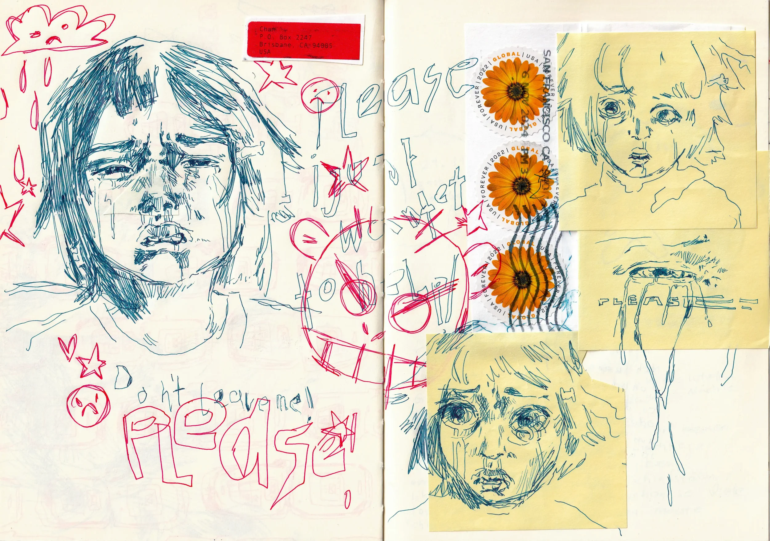 Zeichnungen von vier traurigen Gesichtern, umgeben von Scribbles, Sternen, Smiley-Gesichtern, Post-its, Poststempeln und einem roten Etikett.