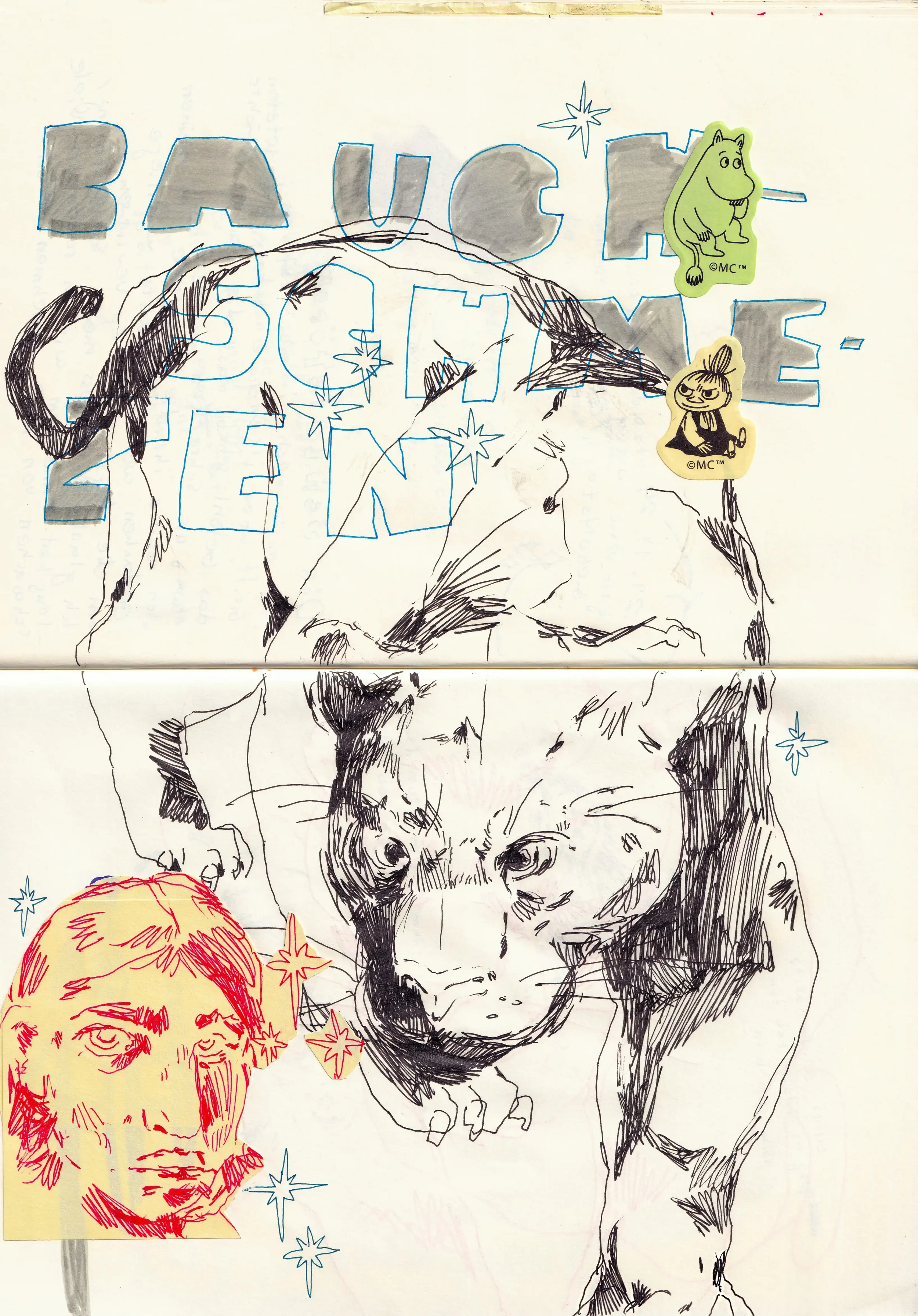 Handzeichnung eines Tierporträts, vermutlich eines Hundes, mit bunten Stickern und Handbuchstaben, die 'Bauch' und 'Schlange' sagen.