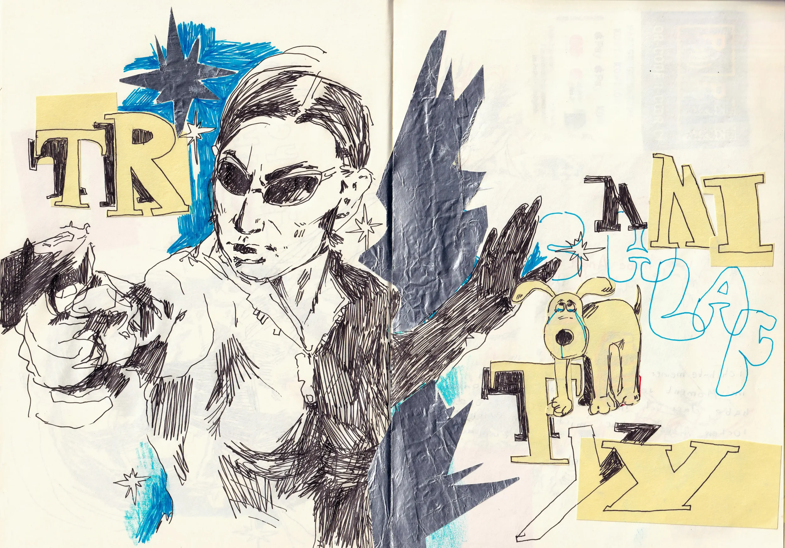 Skizze einer Person mit Sonnenbrille, ein Hund, bunte Buchstaben und Sterne, in einem künstlerischen Stil, mit blauen und schwarzen Akzenten