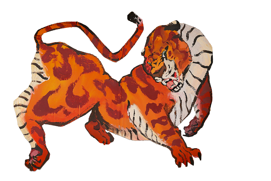 Ein handgemaltes Bild eines Tigers in einer kämpferischen Haltung, mit geöffnetem Mund und sichtbaren Zähnen.