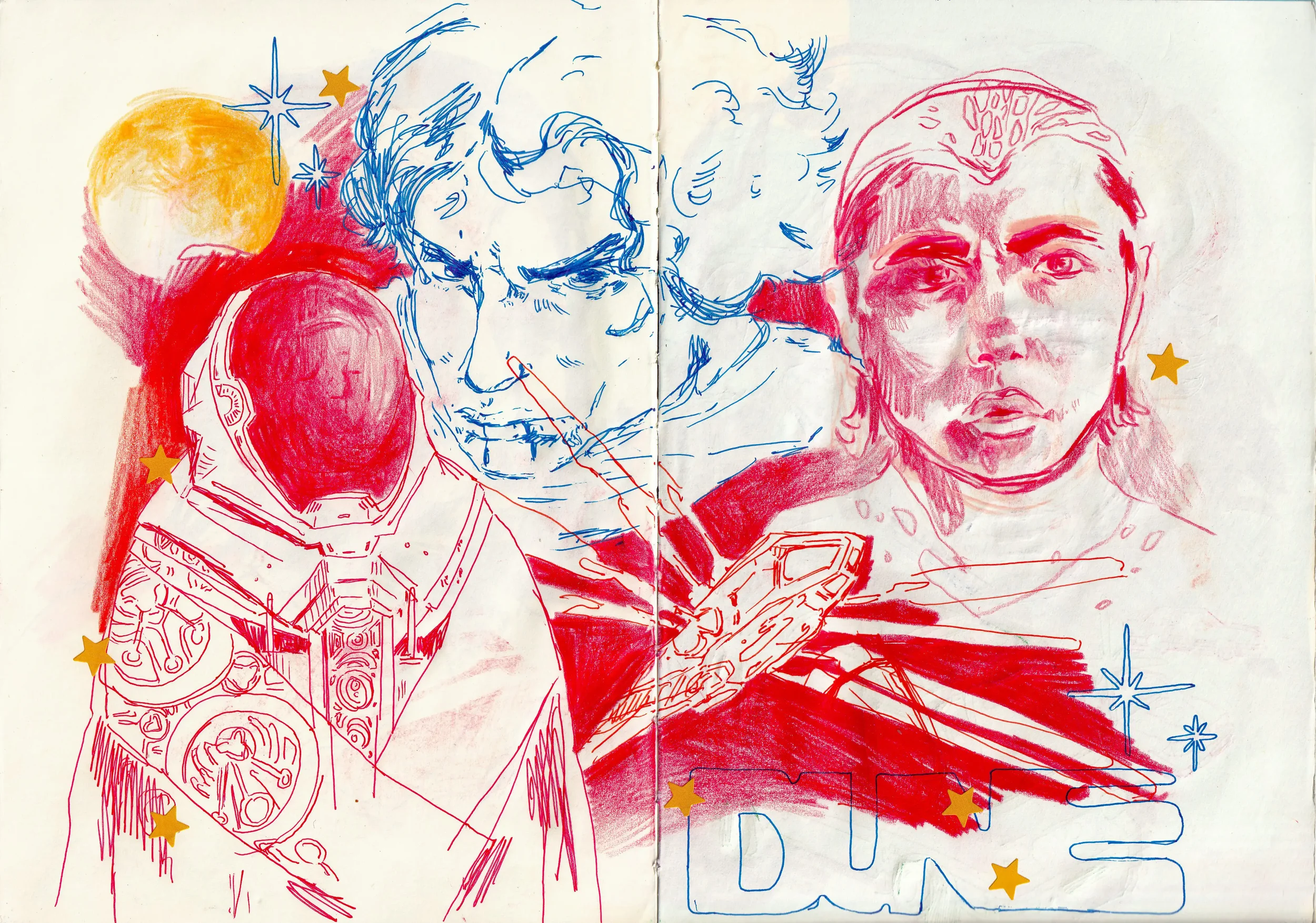 Handzeichnung mit Szenen aus dem Weltraum, einem Astronauten, einer Rakete, einem Planeten und Menschen in Raumfahrtanzügen, ergänzt durch kleine goldene Sterne und Sterne in Blau.