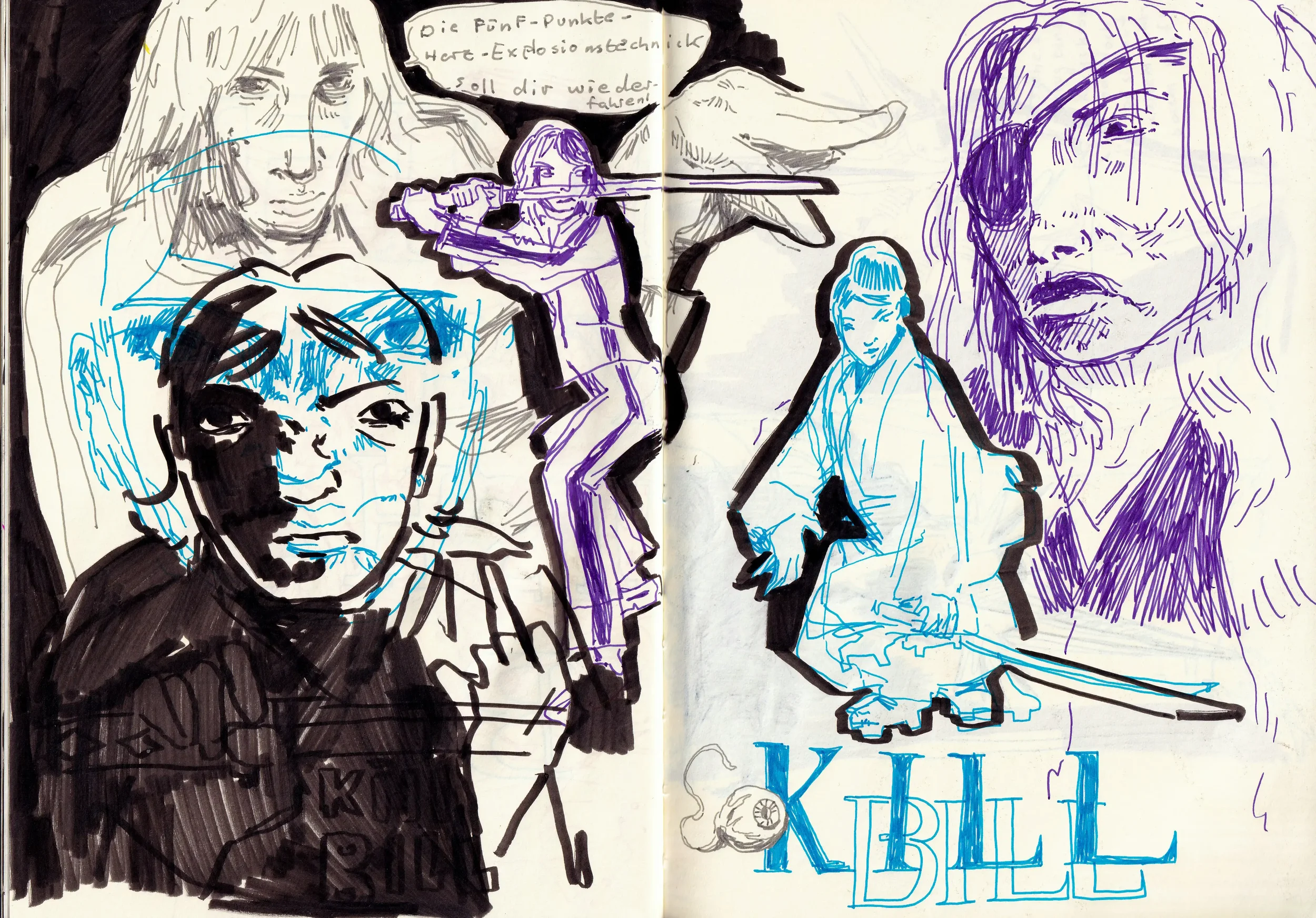 Skizzenbuch mit mehreren Zeichnungen von Menschen, darunter ein Kind, eine Frau mit einem Auge und eine Frau mit einem langen Schlauch. Der Text 'KABAL' und ein kleines symbolisiertes Gehirn sind ebenfalls sichtbar.