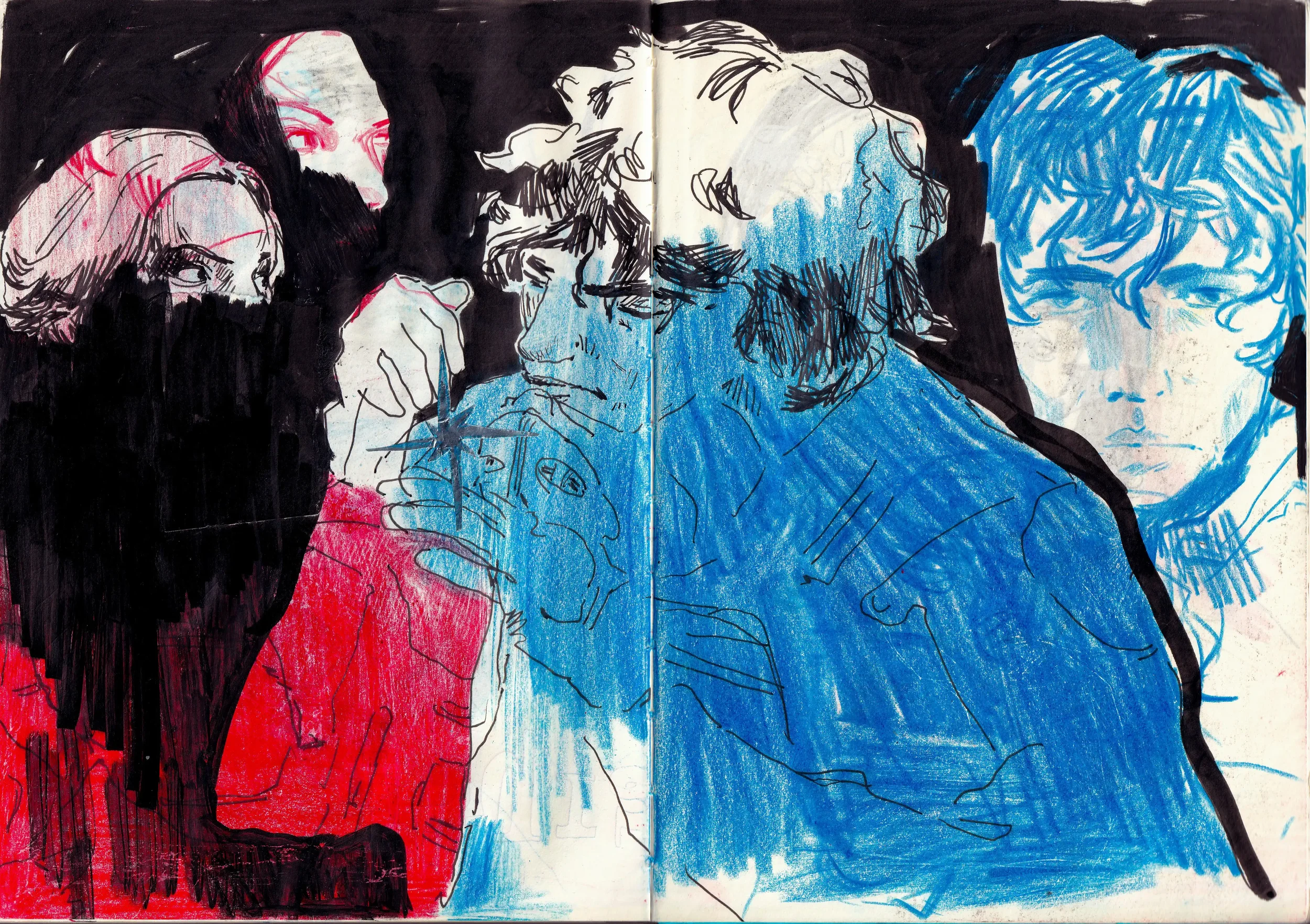 Skizze eines Kunstwerks mit vier Personen, die sich gegenseitig schauen. Eine Person trägt ein rotes Kleid, die anderen sind in Blau und Schwarz gehalten. Das Bild ist detailreich und farblich kontrastreich.