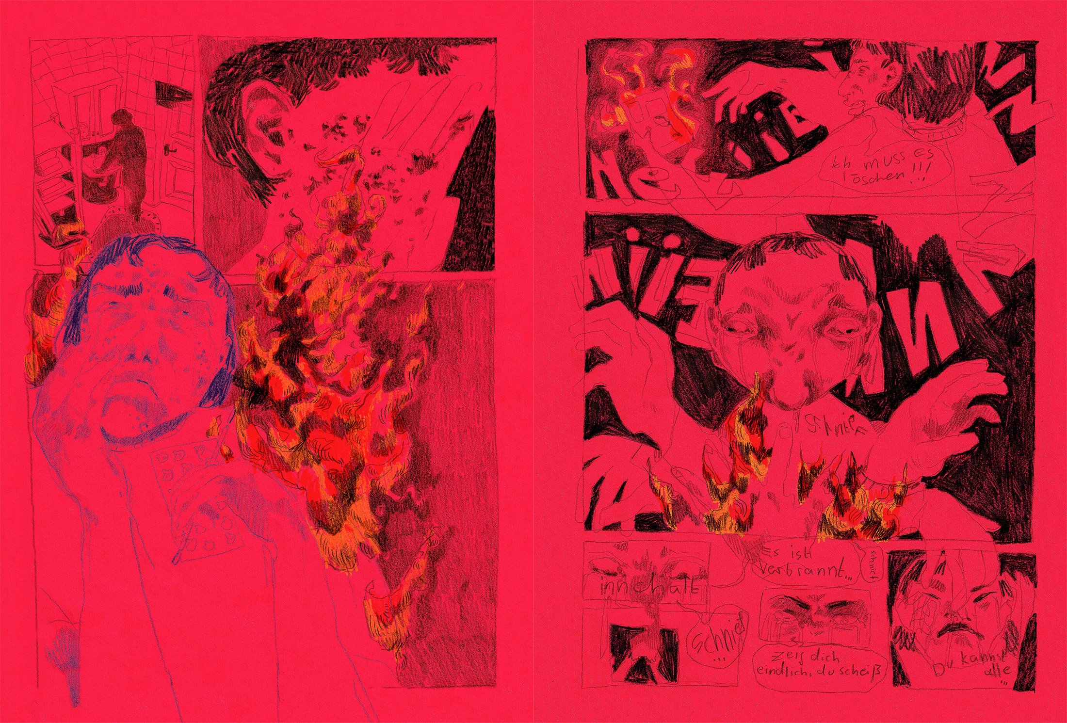 "Heimsuchung" (2024) 148mm x 210mm Buntstift auf rot eingefährbtem Papier