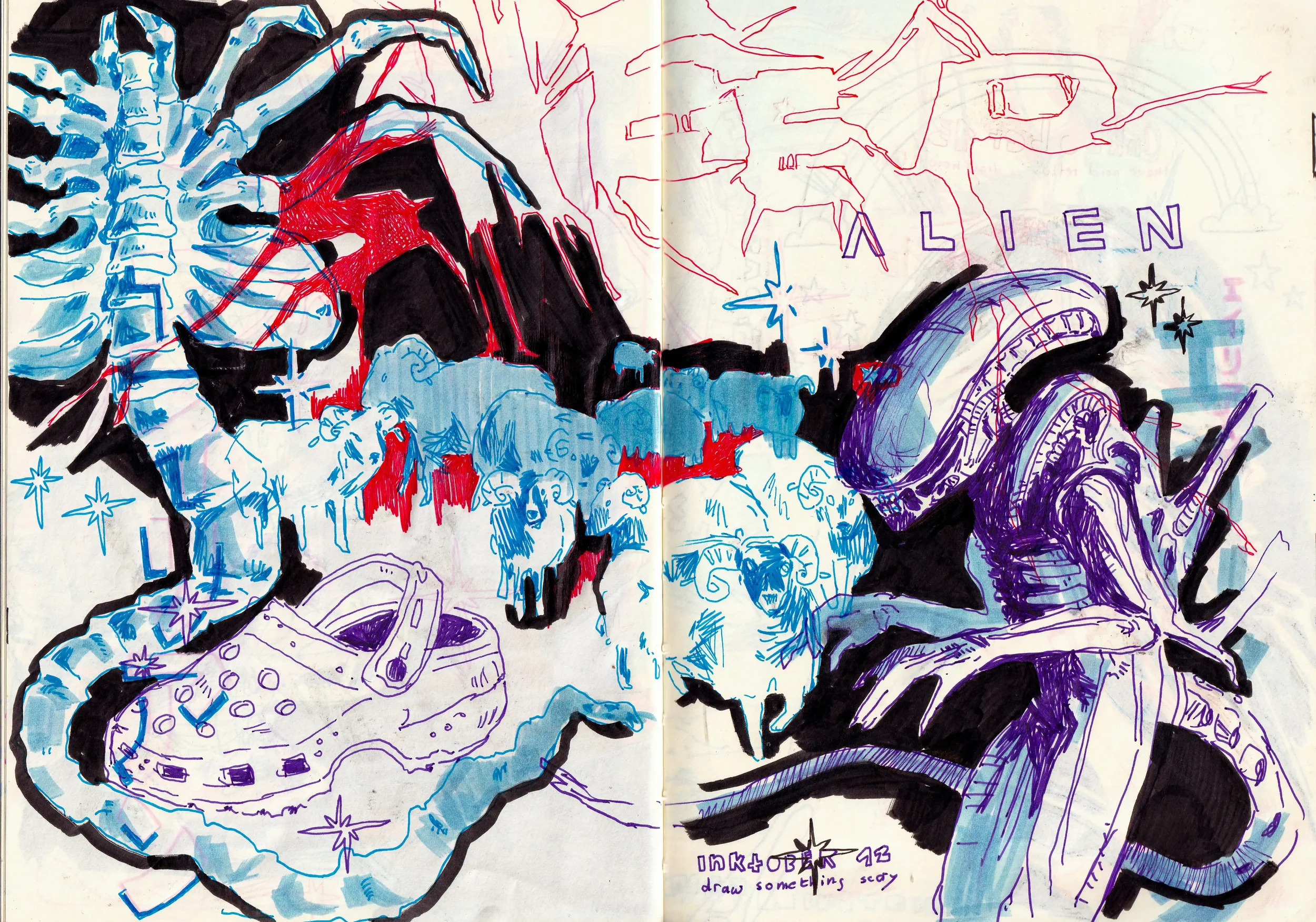 Künstlerische Illustration mit Science-Fiction-Themen, einschließlich Außerirdischer, Raumschiffe, Alien-Schriftzüge und mystische Elemente in lebendigen Farben und Linien.