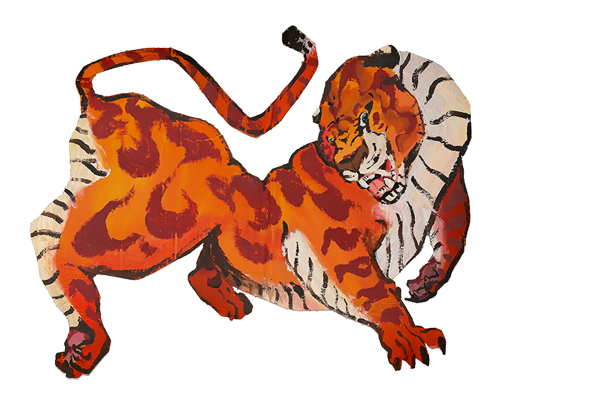 Ein gemalter Tiger mit orangefarbenem Fell, schwarzen Streifen und weißen Akzenten, der eine kämpferische Haltung einnimmt.