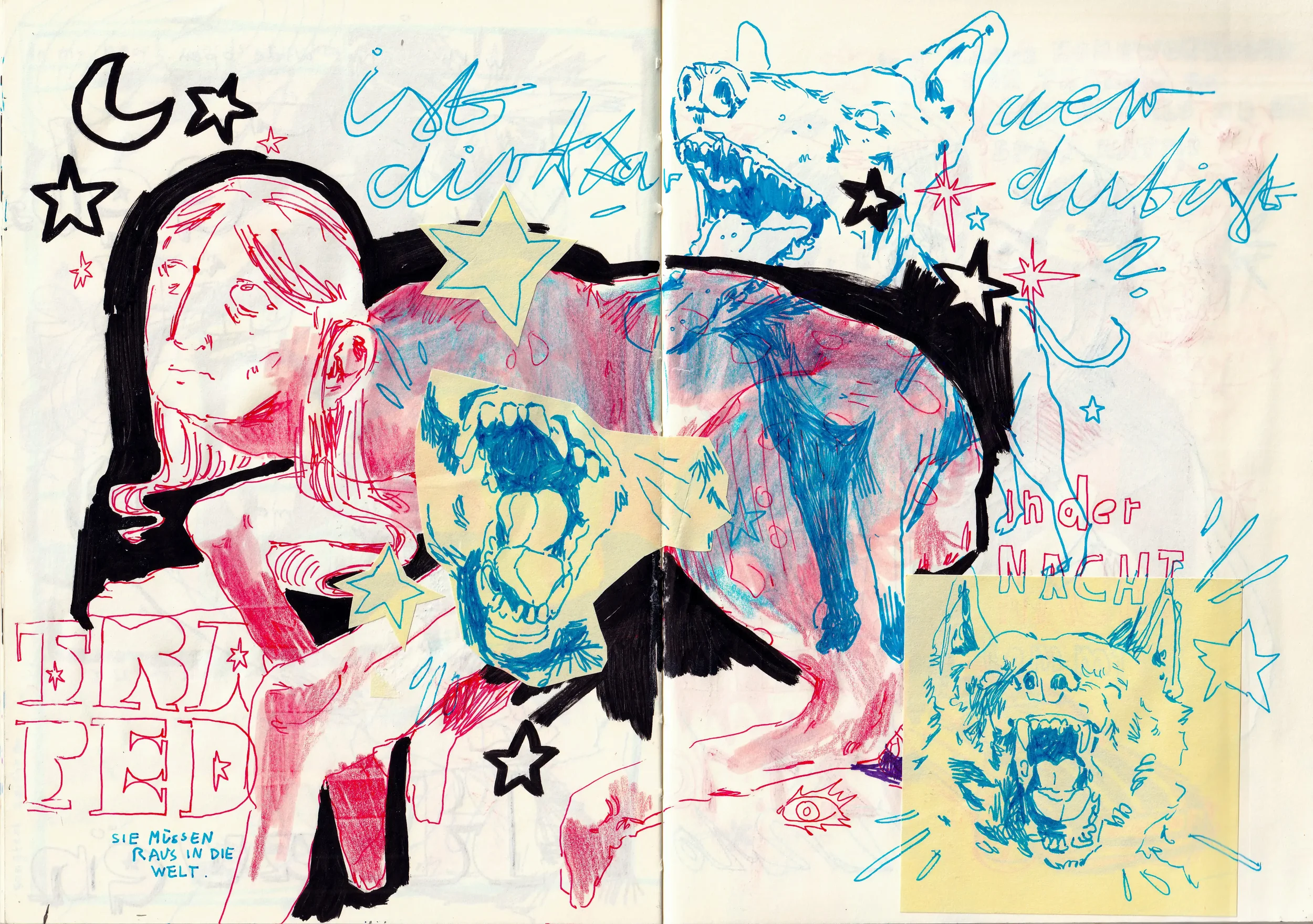 Skizze mit einer jungen Frau und mehreren Drachen, Sternen und Text in verschiedenen Farben und Stilen.