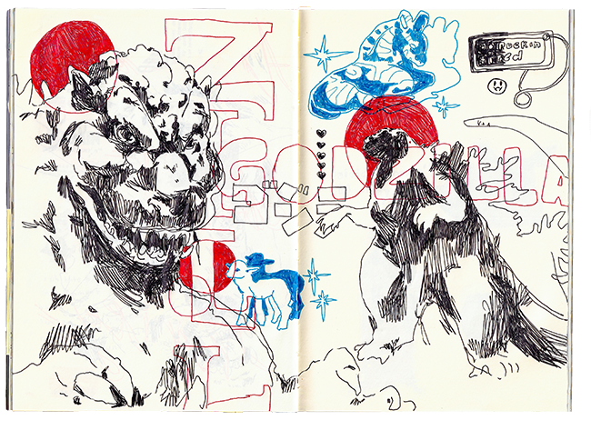 Skizze mit detailliertem Drachenkopf, zwei Hunde mit roten Sonnenhüten, eine Katze, einen Zauberstab, blauen Sternen und einem Handyakku. Bunte Linien und Symbole, kreative Comic-Art.