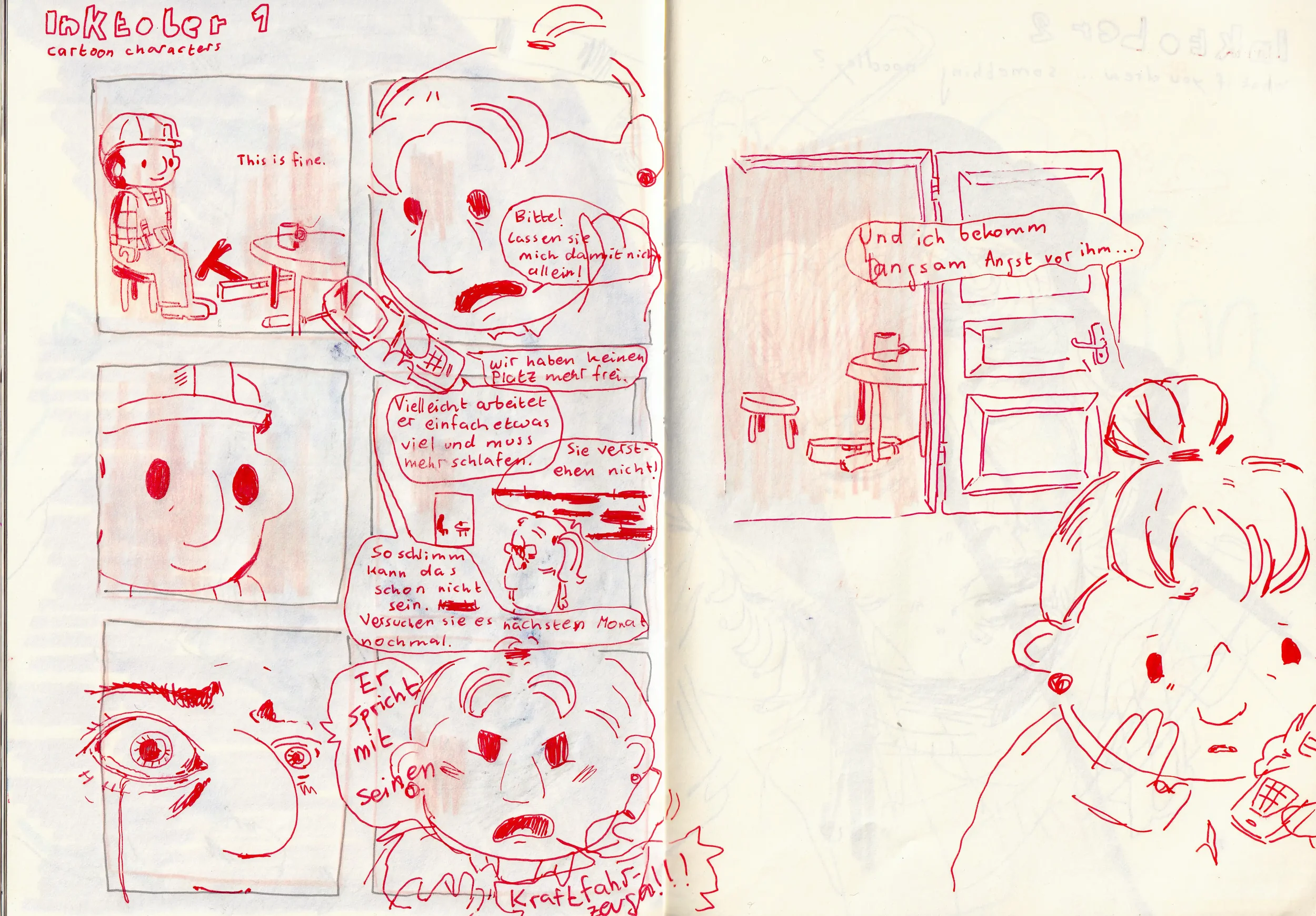 Skizze eines Comics mit roten Linien, zeigt Kinder und einen Hund in verschiedenen Szenen, mit Sprechblasen und Texten in Deutsch.