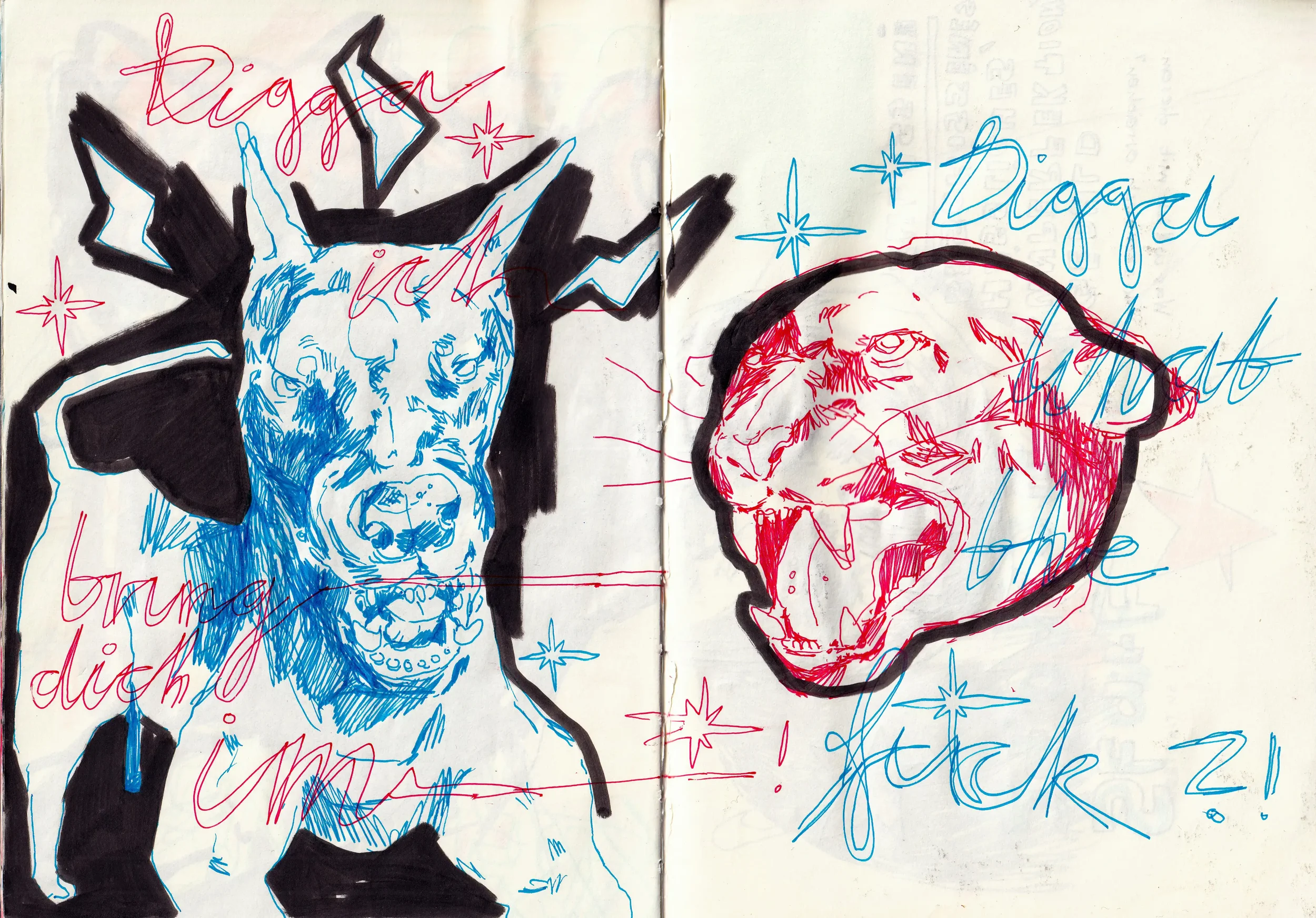 Skizze mit zwei Tierkopffiguren, links ein Hund mit wehendem Schweif, rechts eine dämonische Schlange, umgeben von Schattierungen, Sternen und Text in bunten Farben, darunter 'Digger', 'brutal' und 'attack'.