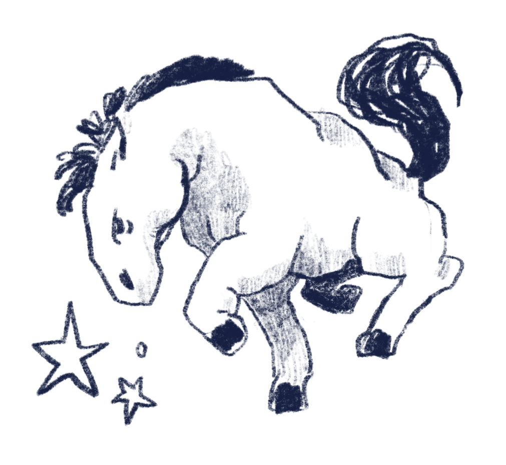 Skizze eines Pferdes mit drei Sternen darunter, alles in dunklem Blau.