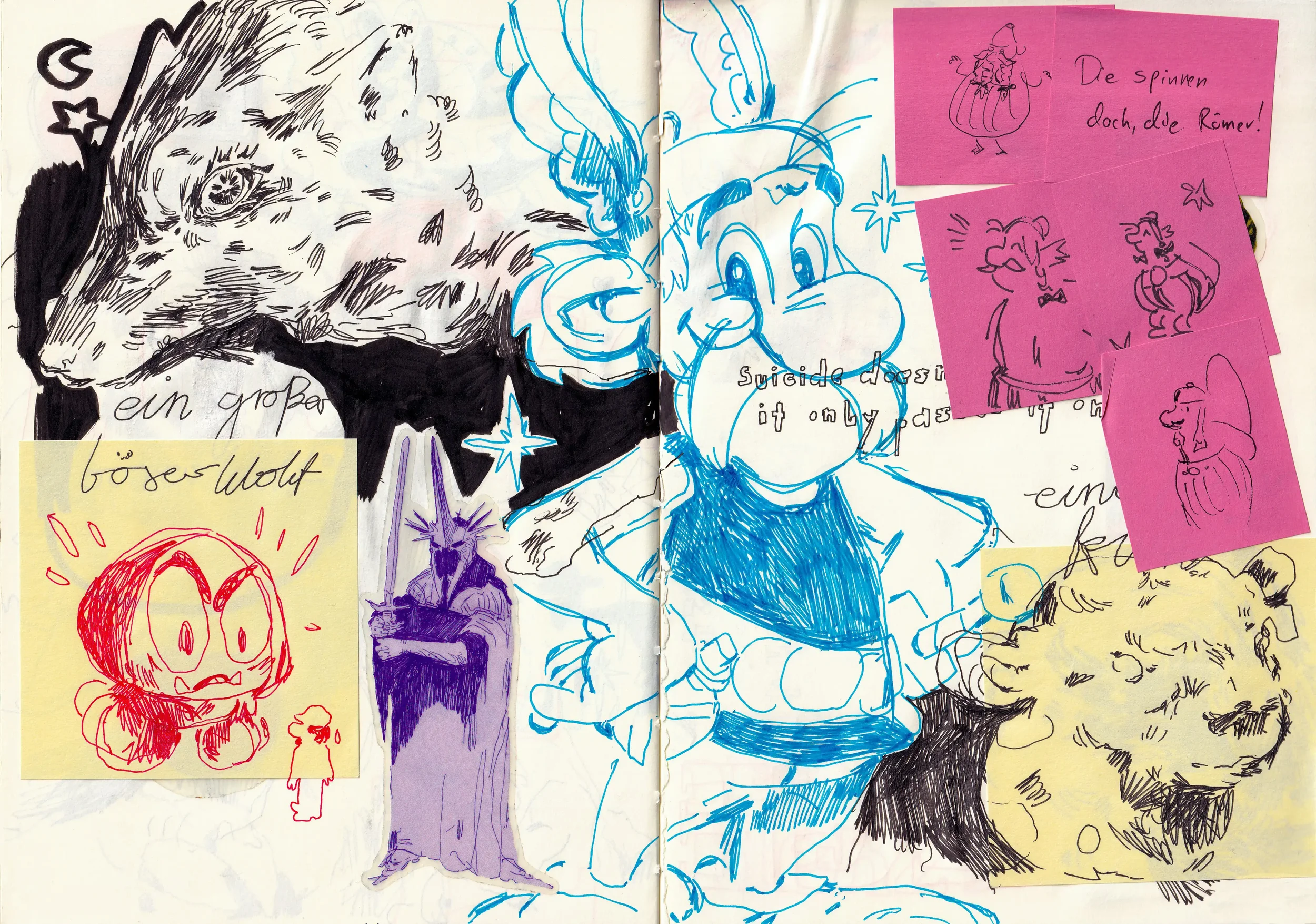 Skizzen und Post-its mit Zeichnungen von Figuren, Tieren und Charakteren, darunter eine große Wolfszeichnung, eine Zeichnung eines Drachens, ein Pirat, einen Zauberer, und mehrere Notizzettel mit handgeschriebenen Texten und Figuren, hauptsächlich in Schwarz, Blau, Rot, Lila, Pink und Gelb.