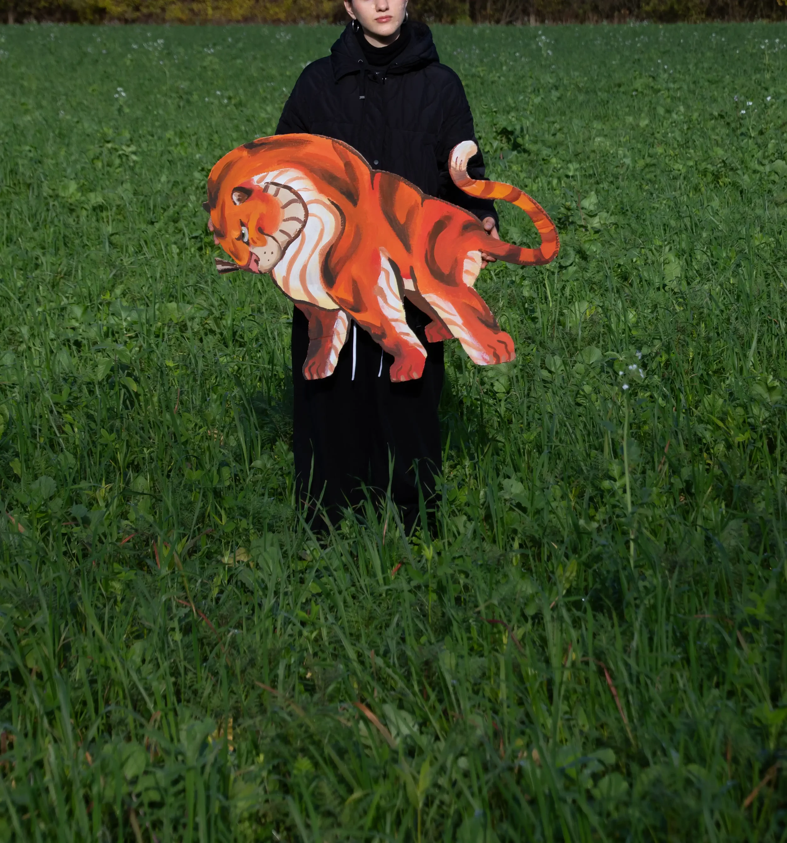 Person im schwarzen Outfit hält eine bunte Löwen-Pappmaske in einer grünen Wiese.