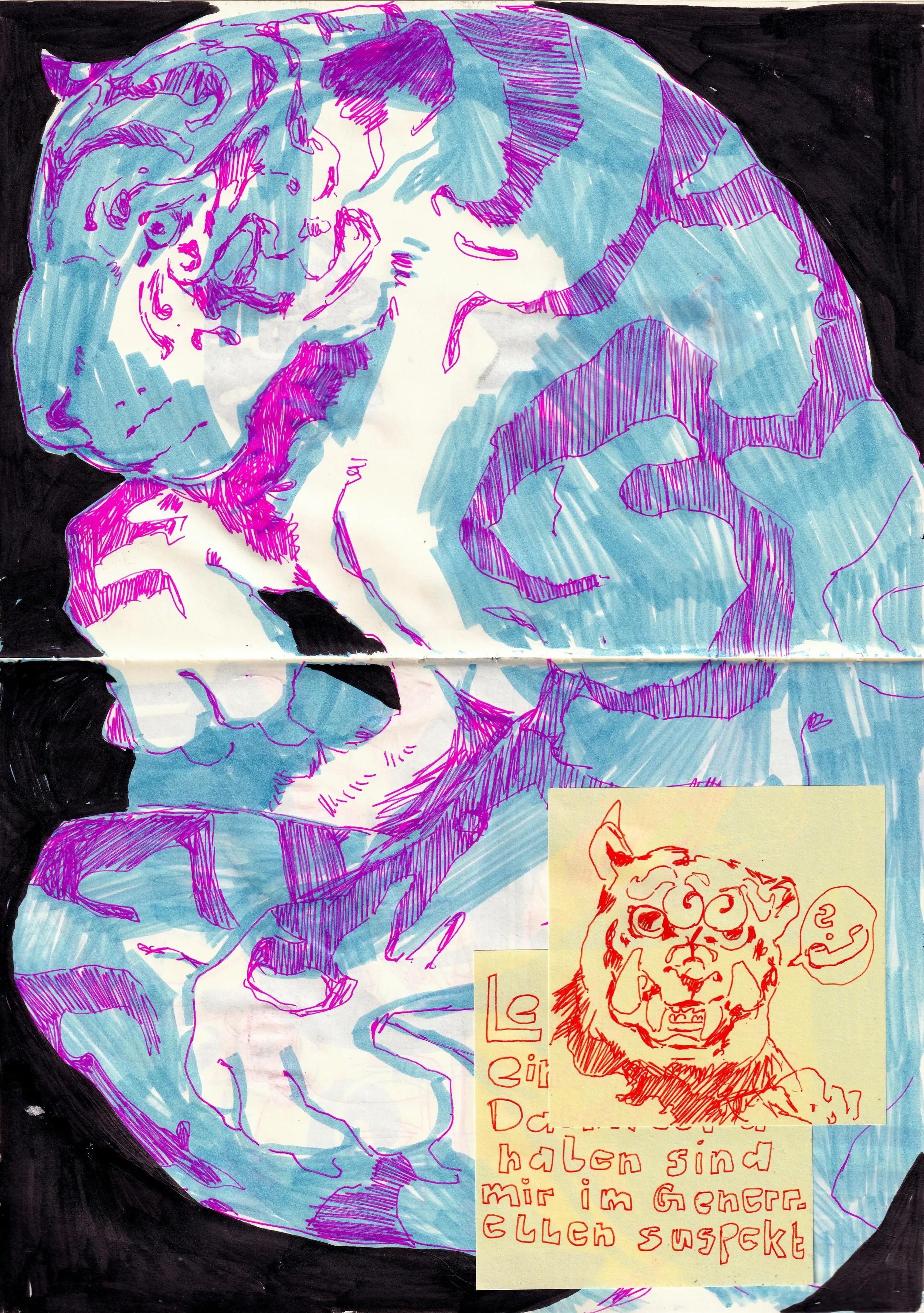 Skizze eines sich schauenden Tigers in Blau und Lila, mit einem kleinen Zeichnung eines tigerähnlichen Gesichts auf einem Notizzettel mit deutscher Beschriftung. Der Notizzettel enthält den Text: 'Leidenschaft halben sind mir in Gänze. Ellchen suspekt'.