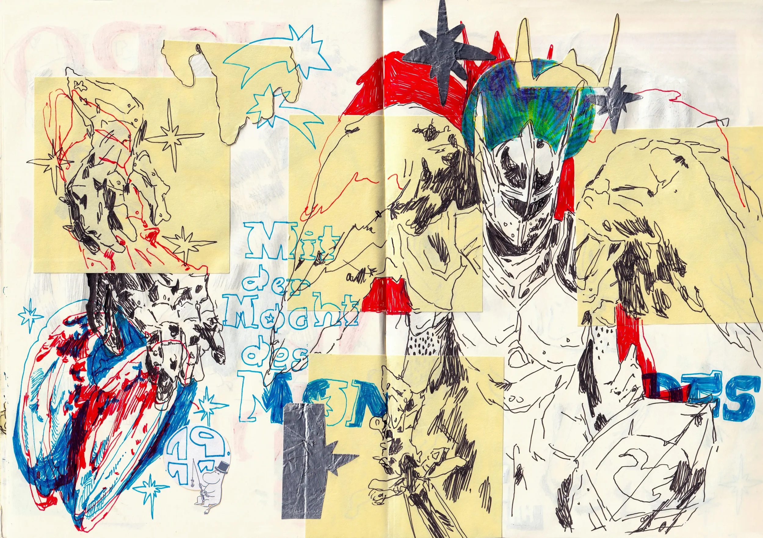 Handgezeichnetes Bild eines Ritters oder Kriegers mit Helm und Rüstung, umgeben von Sternen und Texten. Hinweise auf das Jahr 2019, mit bunten Markierungen, Zeichnungen und Collage-Elementen.