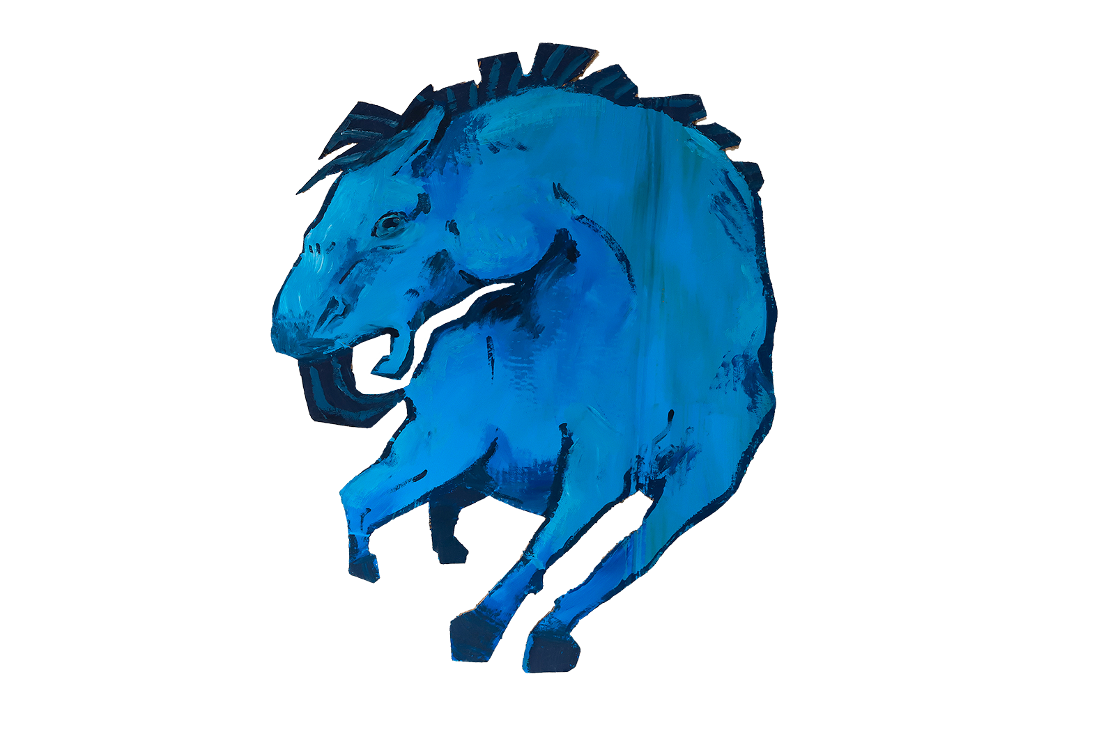 Ein blauer Löwenkopf als Skulptur oder Logo, stilisiert mit offenen Maul und Mähne