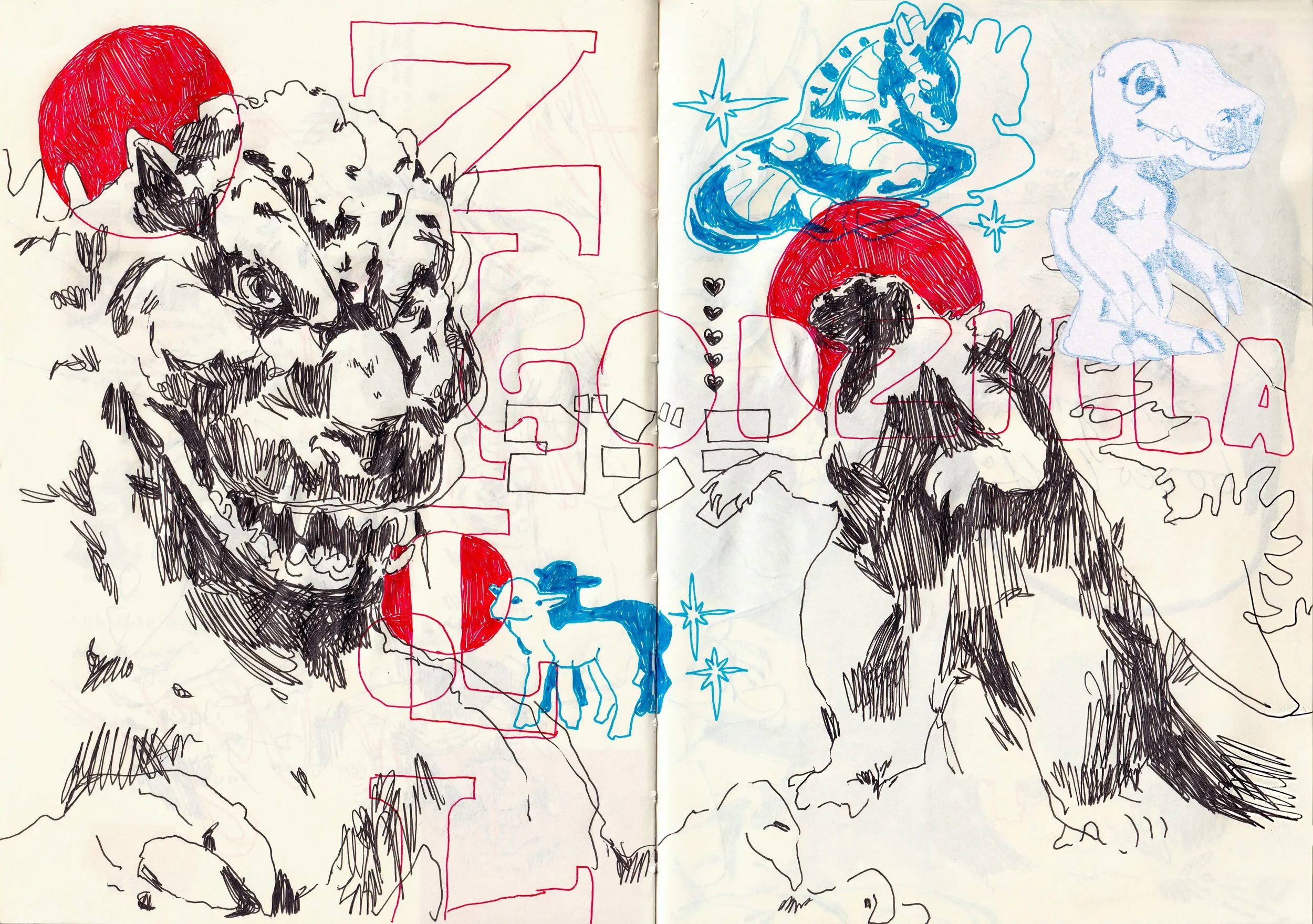 Skizze mit Dinosauriern und Tieren, teilweise farbig mit roten, blauen und schwarzen Linien, darunter auch Text in rot. Es sind T-Rex, Tyrannosaurus, und andere kreative Tierzeichnungen sichtbar.