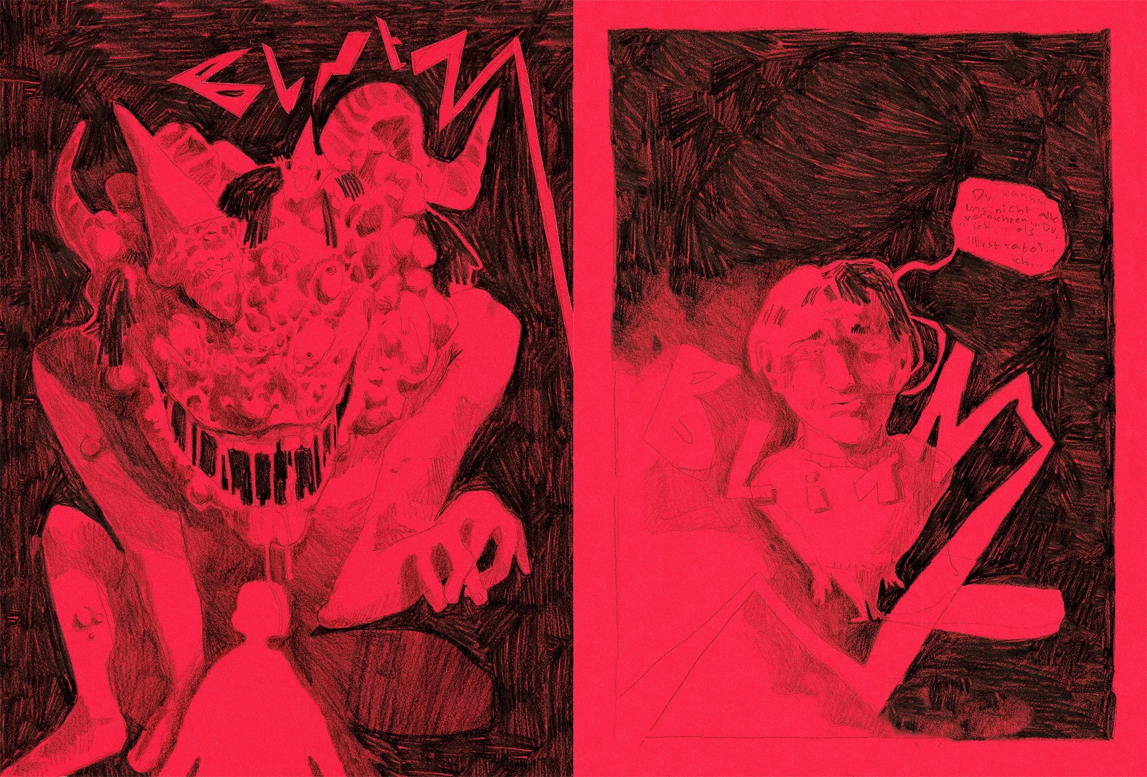 Zwei Comics, auf der linken Seite ein Dämon mit Hörnern, spitzen Ohren und einer großen, teuflischen Fratze, auf der rechten Seite ein junger Junge mit einer Sprechblase, die auf Deutsch sagt: 'Oh, wenn ich nur nicht so schrecklich alt wäre, ich...'