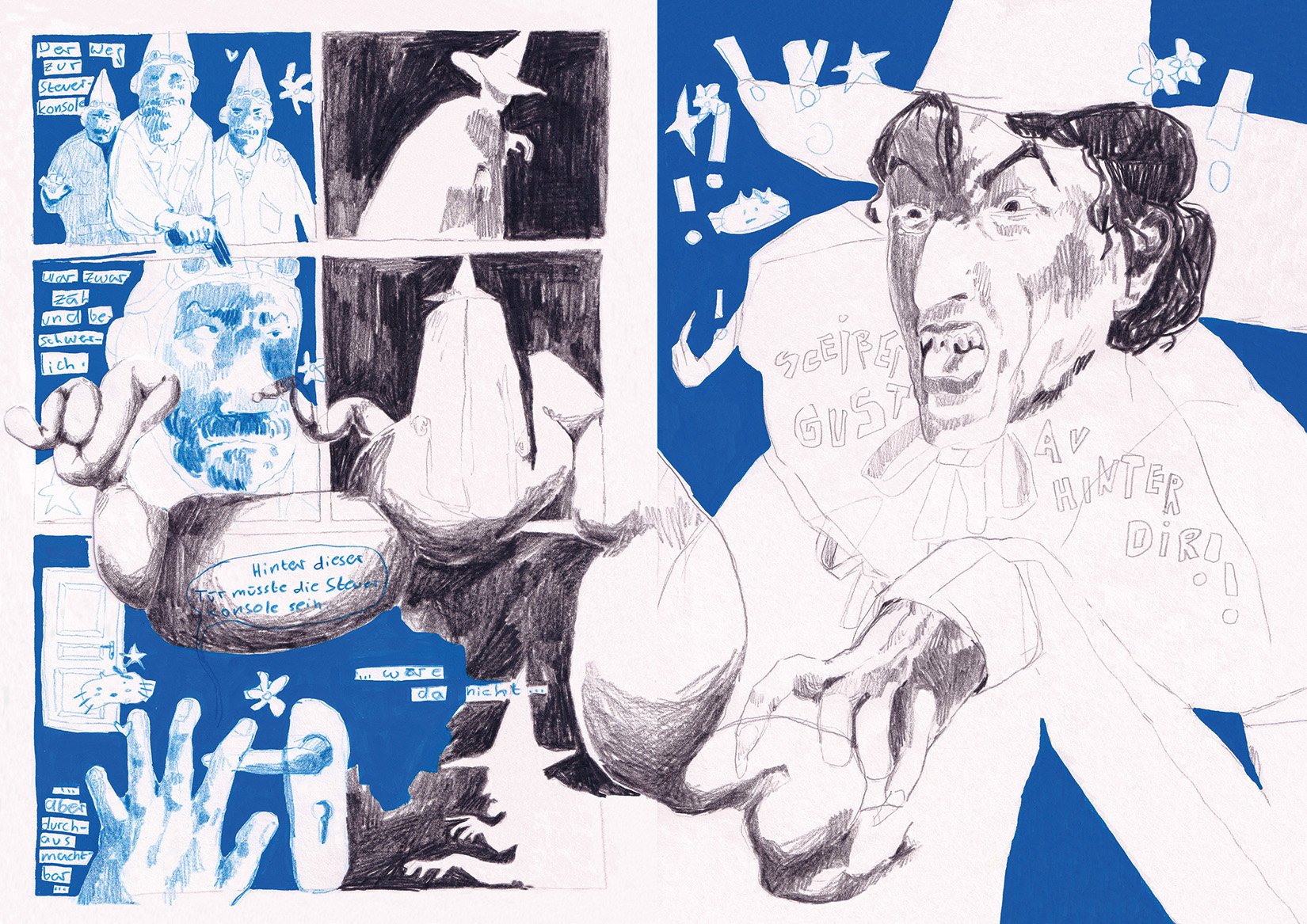 Skizze mit mehreren Comic-Panelen, einem großen kopfschüttelnden Mann, Comic-Texten und Illustrationen, die humorvoll oder satirisch sind.